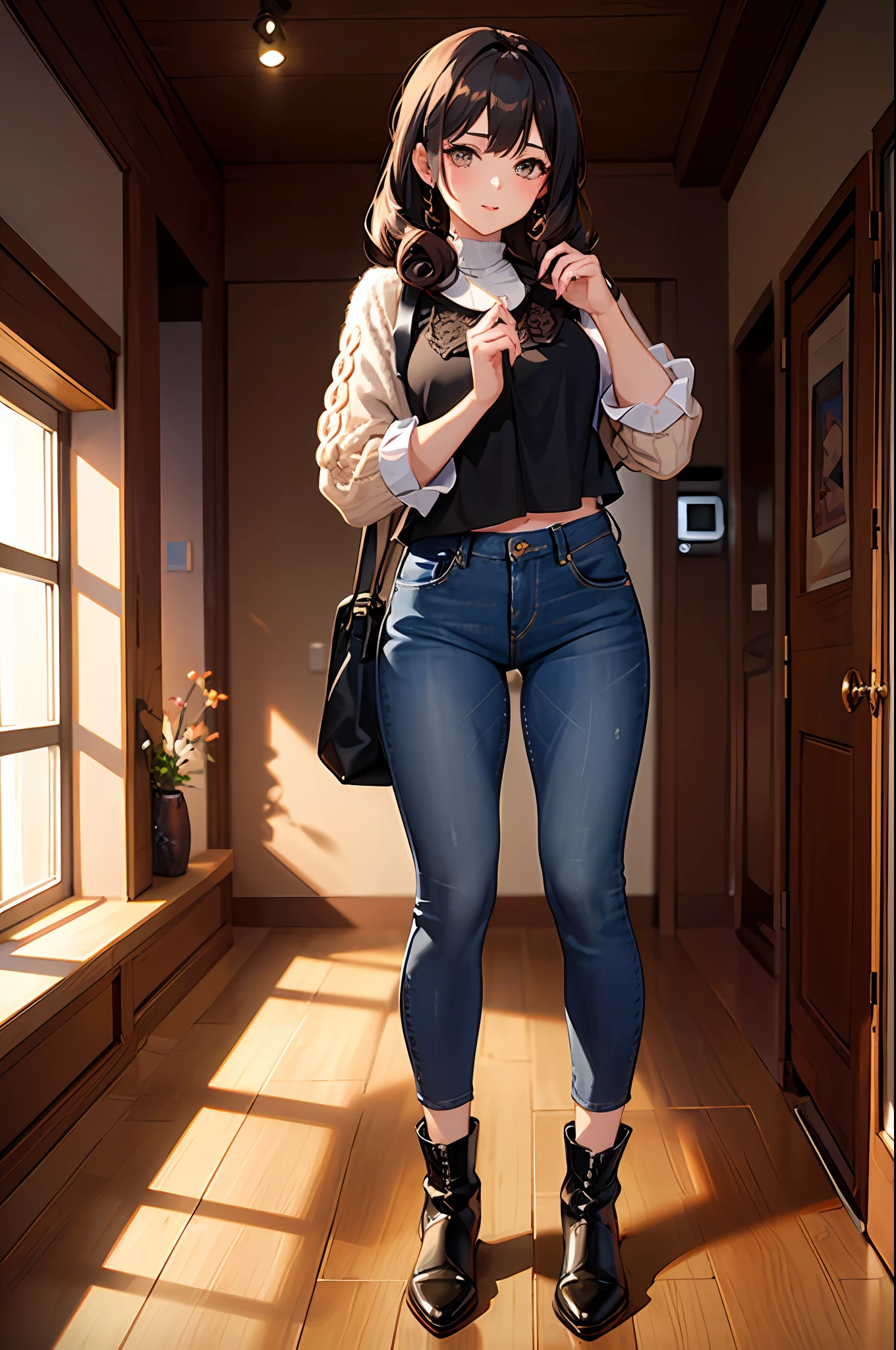 Girl sheep (hairy),curly hair, (wearing a wool blouse:1.6), denim pants, black boot, sexy pose, looking at the viewer,living room facing the slope, assymetrical