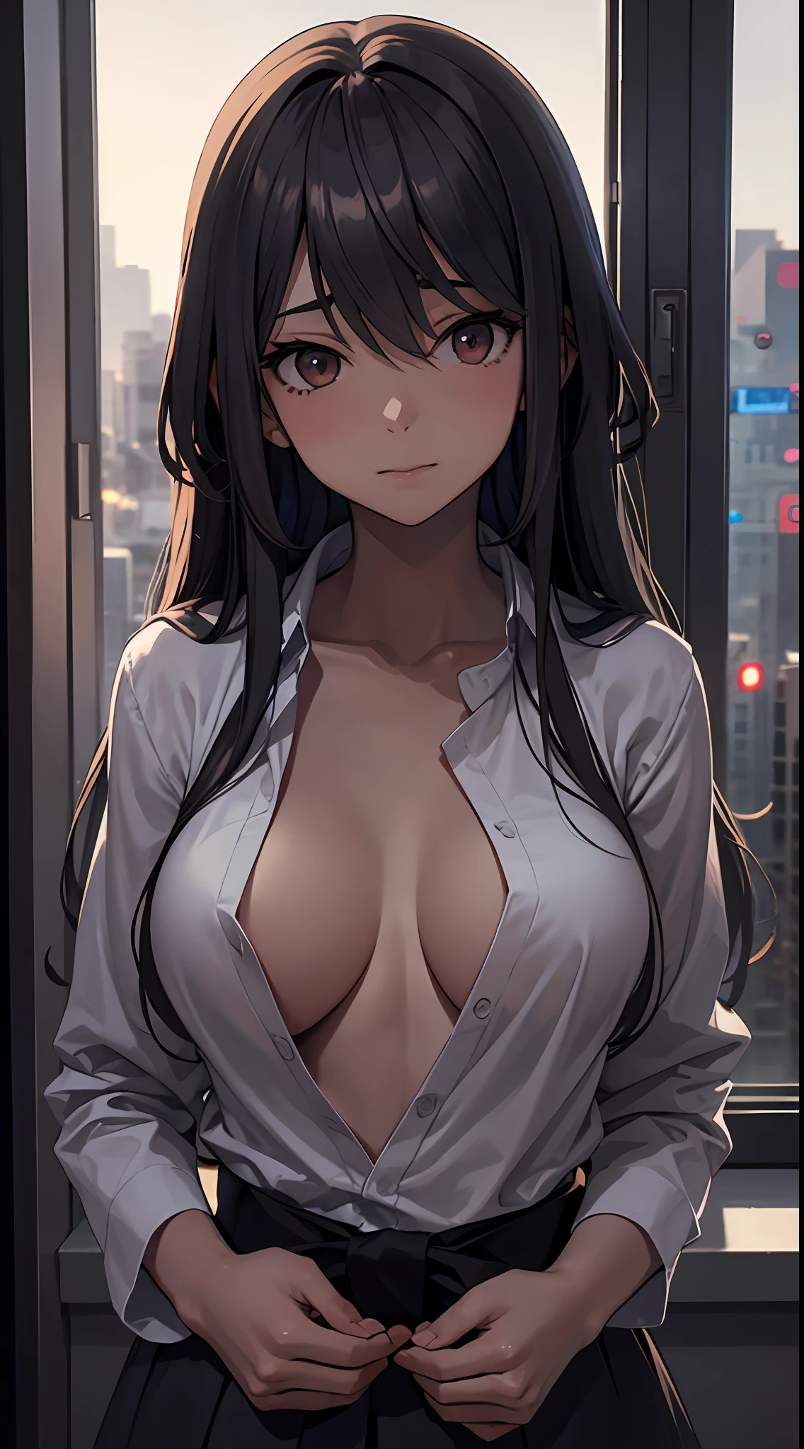 Anime girl with big breasts posing in front of the window, ((shirt chest wide open with hands)),((no bra)), ((looks away in embarrassment)), ((upper body)), (focus on person)), seductive anime girl, best anime 4k konachan wallpaper, perfect gray haired girl, charming anime girl, 4k anime wallpaper, 4k manga wallpaper, Detailed Digital Anime Art, Anime Best Girl, Beautiful Anime Girl, Cyberpunk, Detailed Anime Artwork, Beautiful Charming Anime Women