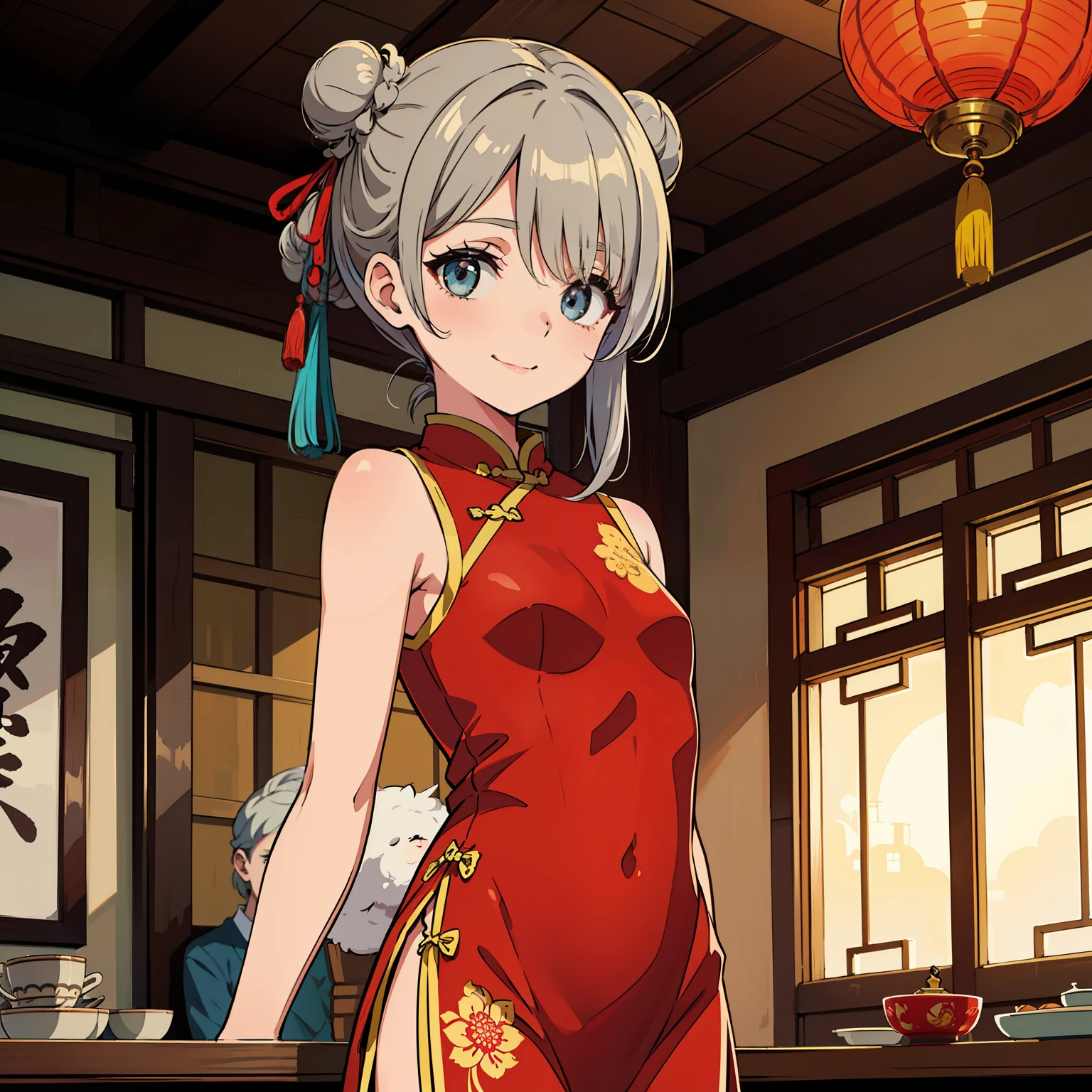 Top quality, super detailed, (Rabbit-eared girl)) (13 years old)) close-up, dynamic pose, gray hair, (twin hair buns: 1.5), floating hair, (hair above one eye), bangs, cute face, happy smile, small, change of clothes, undressing, (cheongsam to be undone), sleeveless, chinese city, chinese style, east Asian architecture, counter, indoors, chinatown, High-key lighting, high saturation, stylish atmosphere, cinematic feel, depth of field,