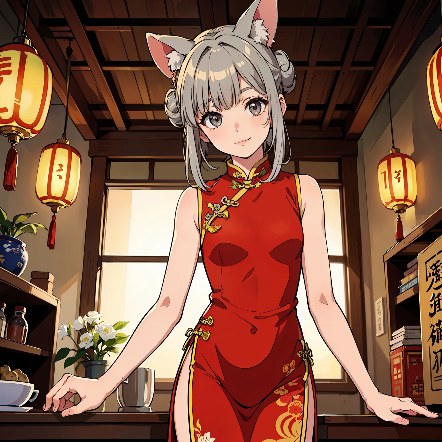 Top quality, super detailed, (Rabbit-eared girl)) ()) close-up, dynamic pose, gray hair, (twin hair buns: 1.5), floating hair, (hair above one eye), bangs, cute face, happy smile, small, change of clothes, undressing, (cheongsam to be undone), sleeveless, chinese city, chinese style, east Asian architecture, counter, indoors, chinatown, High-key lighting, high saturation, stylish atmosphere, cinematic feel, depth of field,