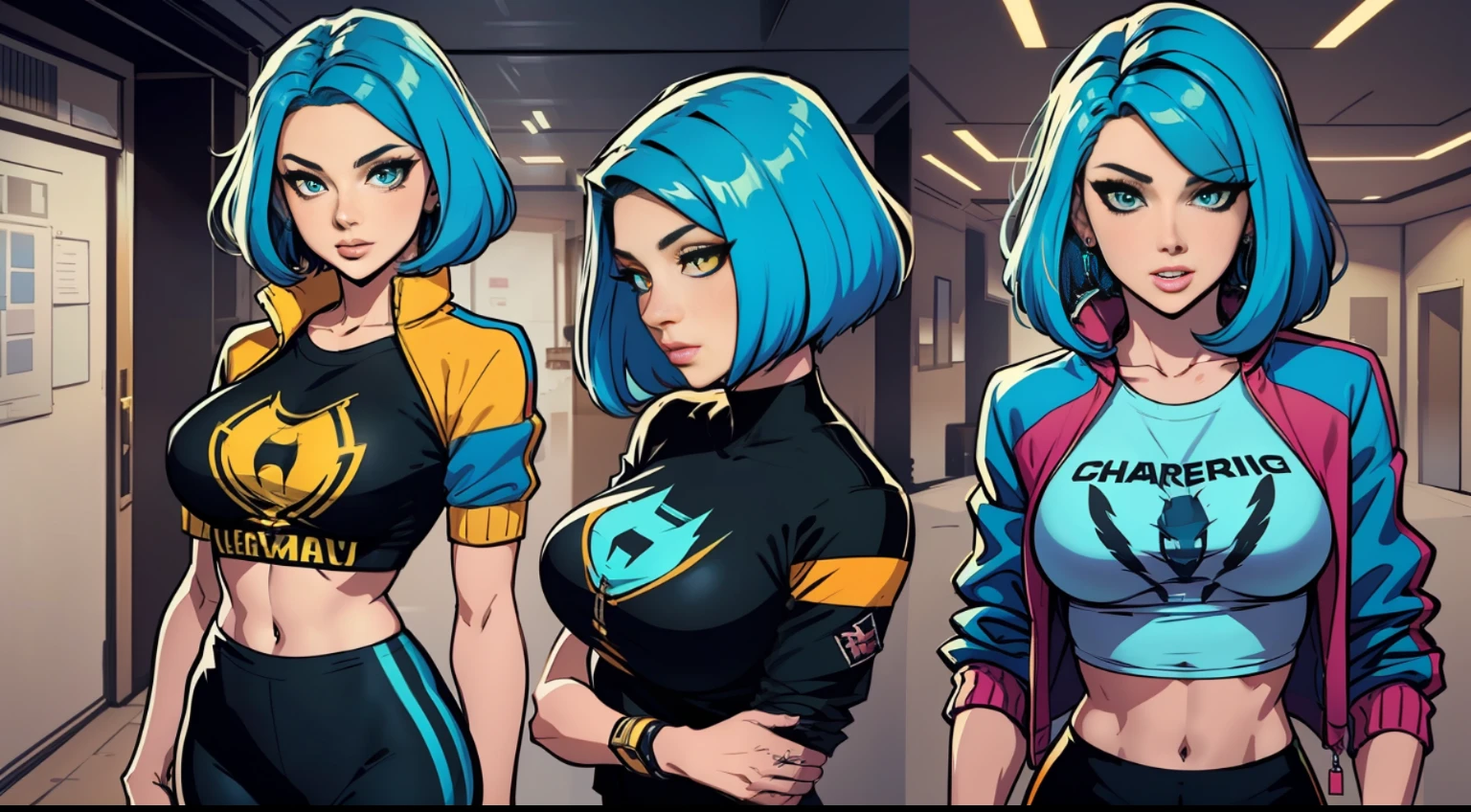 anime style, (masterpiece:1.3), (best quality), A modern and cheerful haircut would be an asymmetrical bob with colorful locks. shredded bangs, "Gamer Style" outfit: A gaming-themed t-shirt, paired with tight leggings and a bomber jacket with fun details, , looking forward, full-body portrait, turquoise blue hair, light yellow eye, character, consistent character, utility, chartymbetalora