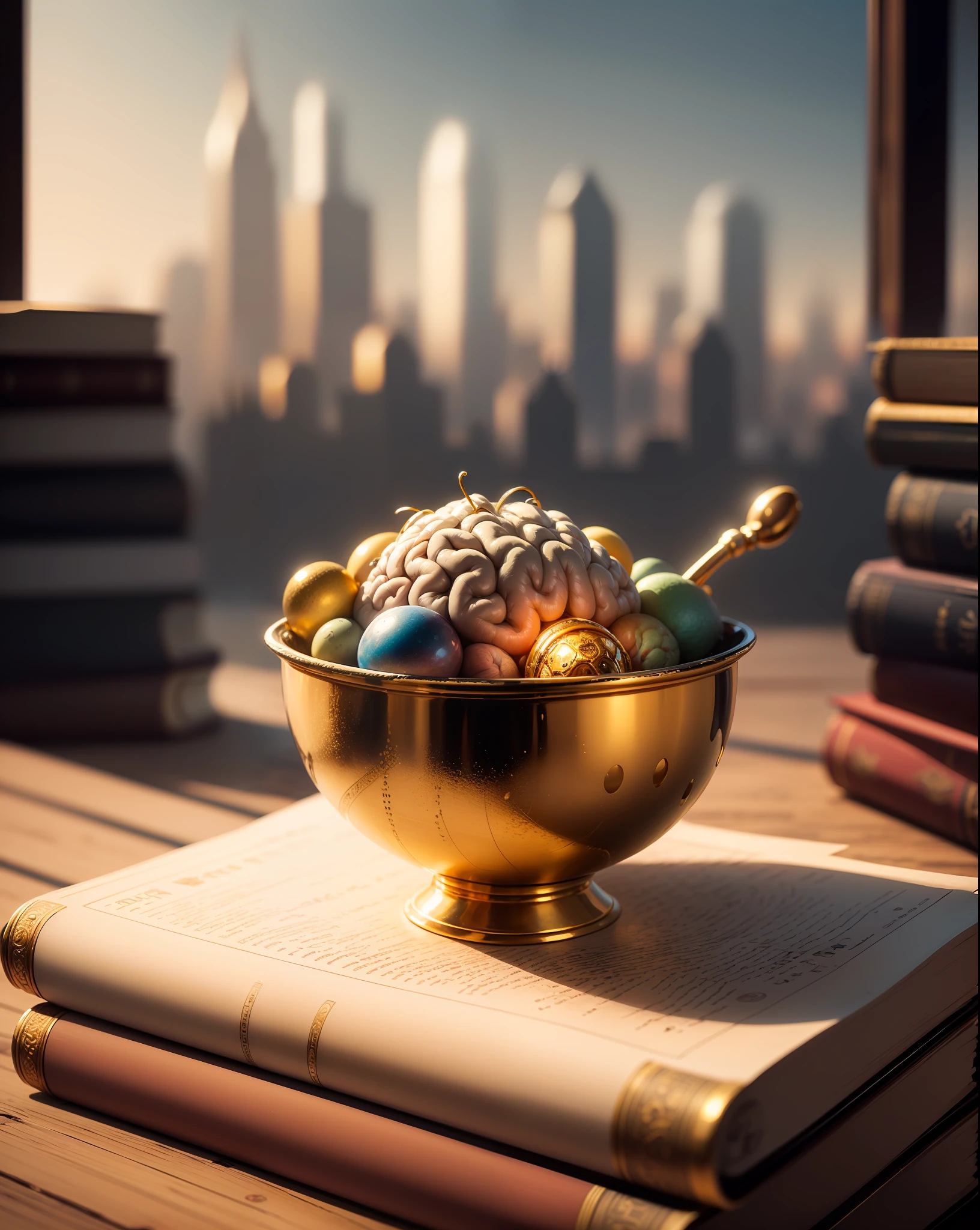 mini\(ttp\), (8k, RAW photo, best quality, masterpiece:1.2), ((skyline of a miniature brain in a gold bowl sitting on old books)), bookshelf out of focus,