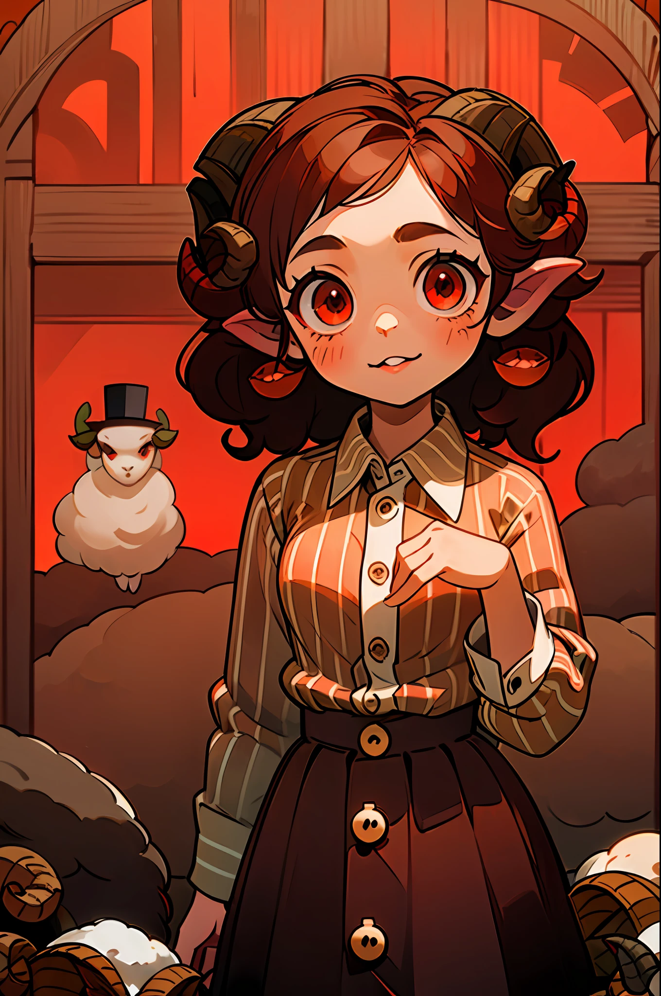 ((8 year old girl /with sheep horns):1.5) ,((brown curly hair):1.2), (wearing red striped button shirt :1.4), ((red eyes):1.3), looking at the viewer, in an (old/rustic house),4k,large hips