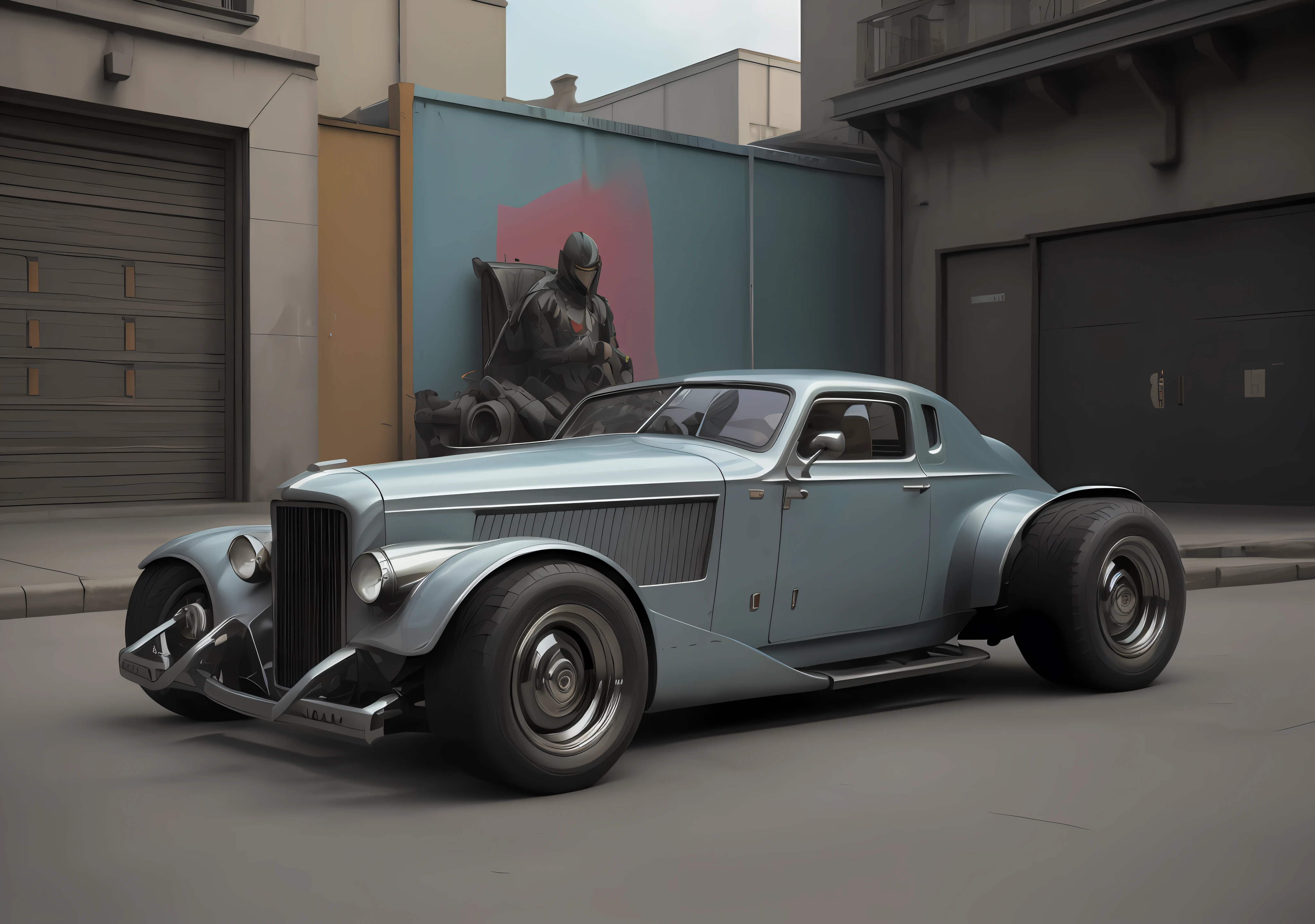 There is a car that drives down the street in the city, (((a modernized vintage car (a classic car from 1936: Phantom III), {{wheels and sports wheels of the latest Trend, graffiti paint on the body, redesigned moldings with futuristic finishes, semi-uncovered engine, chrome details}}))). Octane CGsociety, Syd Mead and Raphael Lacoste, Art Deco Realistic, Photorrealistic Concept Art, 3D Octane Render ConceptArt, Octane Trending at CGsociety, Elegant Photorealistic Cinematic, 3D Render and Matte Painting,