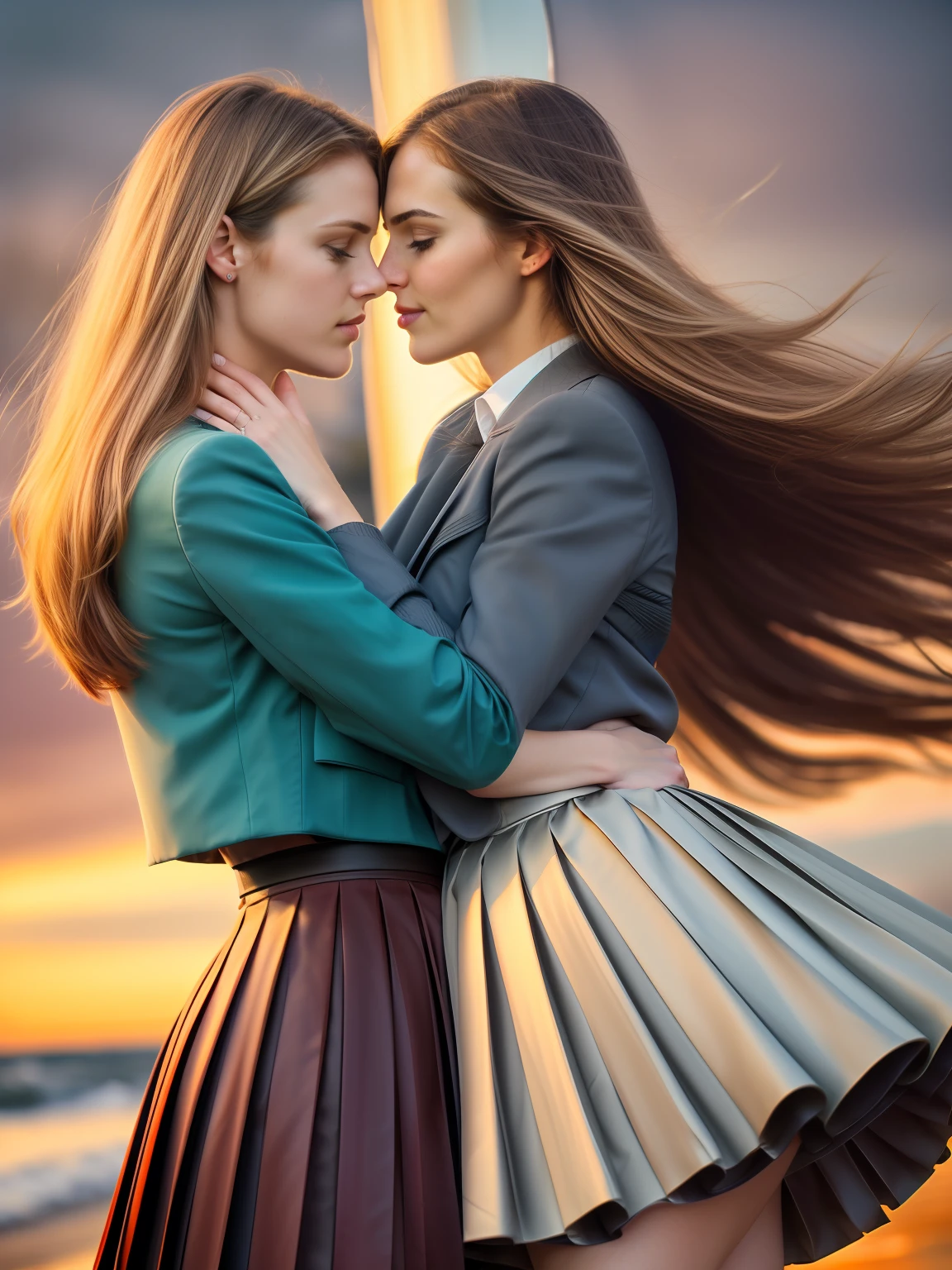 desperate women intensely kissing women, authentic (kind and tender) good woman wearing a short blazer with a very very detailed (long (fully pleated) full circle skirt) and (simple) low heeled office shoes, very very intricate hyper-detailed symmetric (attractive graceful young feminine face) with (sad, tired eyes and a shy smile), full of empathy and compassion and love, (pronounced (feminine) features), (highly detailed ultra accurate realistic) hands and fingers, (windy conditions and wind blowing), epic composition, highly detailed attributes, highly detailed atmosphere, (35mm f1.4 Kodak portra 400 photograph), extremely high quality RAW photograph, detailed background, intricate, Exquisite details and textures,