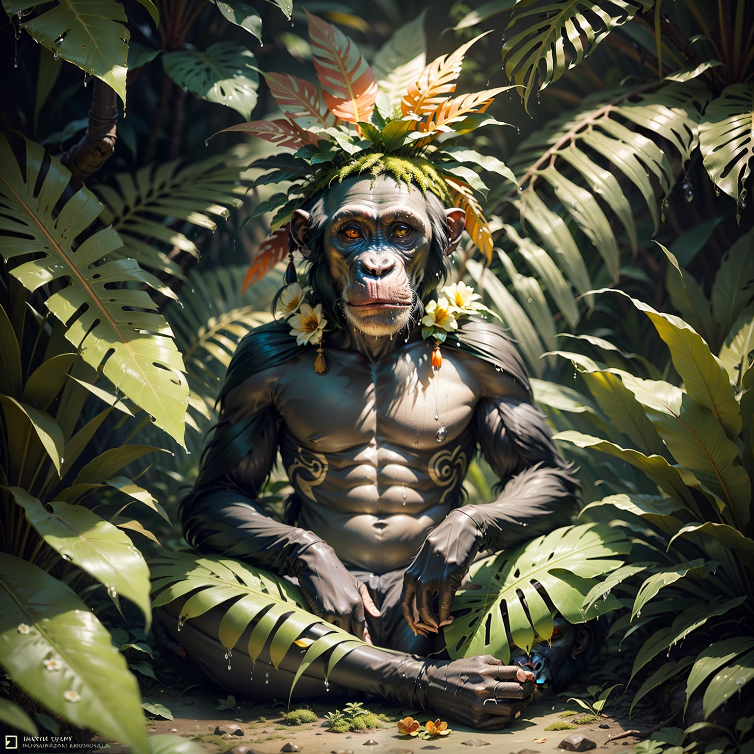 indigenous chimpanzee with headdress on head, headdress with many colorful feathers and flowers, meditating in the dense tropical jungle, around him many wet foliage, moss, leafy ground, dark night,,masterpiece,,