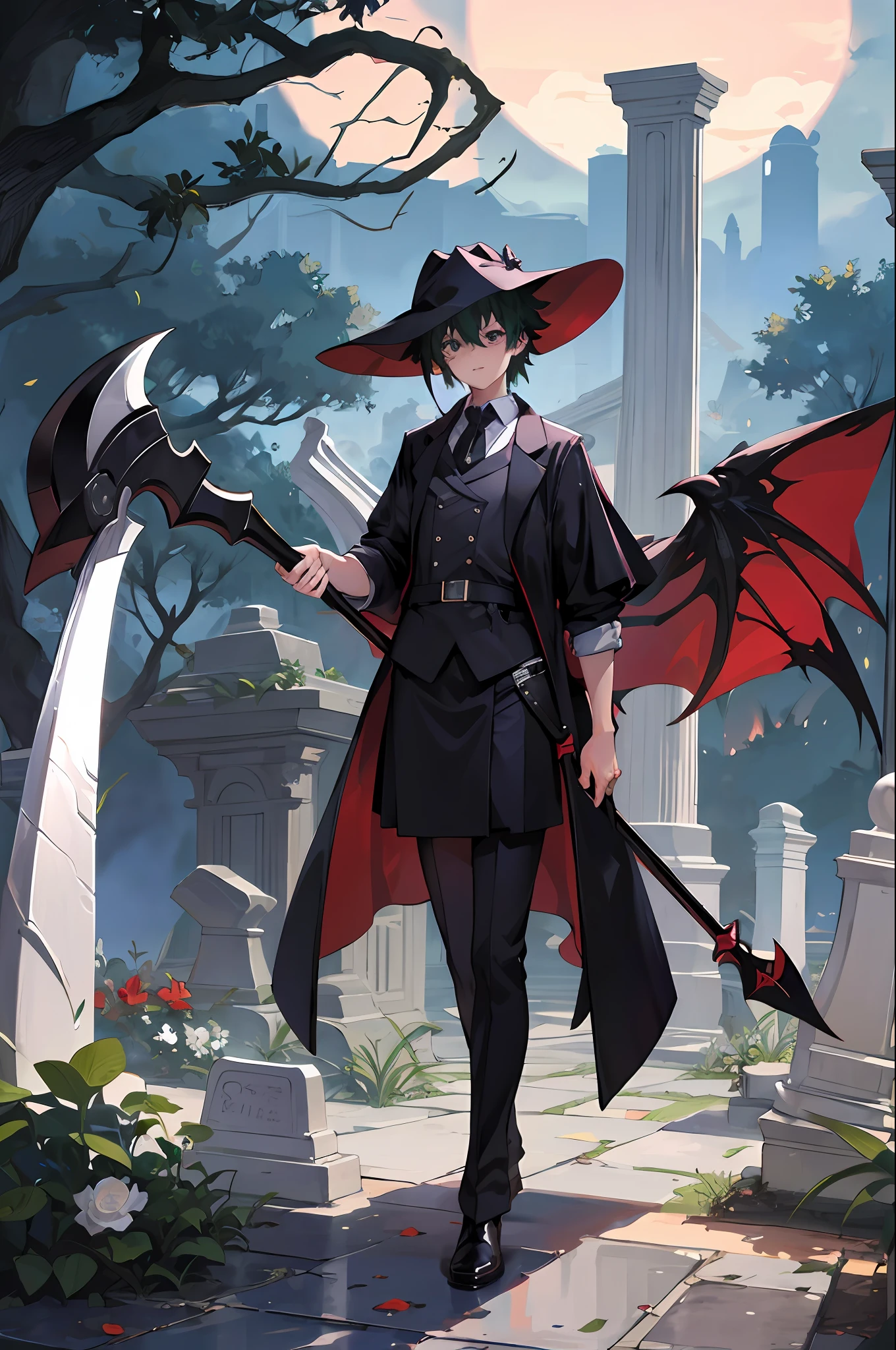 "izuku_midoriya_as_the_grim_reaper dressed_in_plague_doctor's_clothes wielding_a_scythe in_a_cemetery under_the_crimson_moonlight"