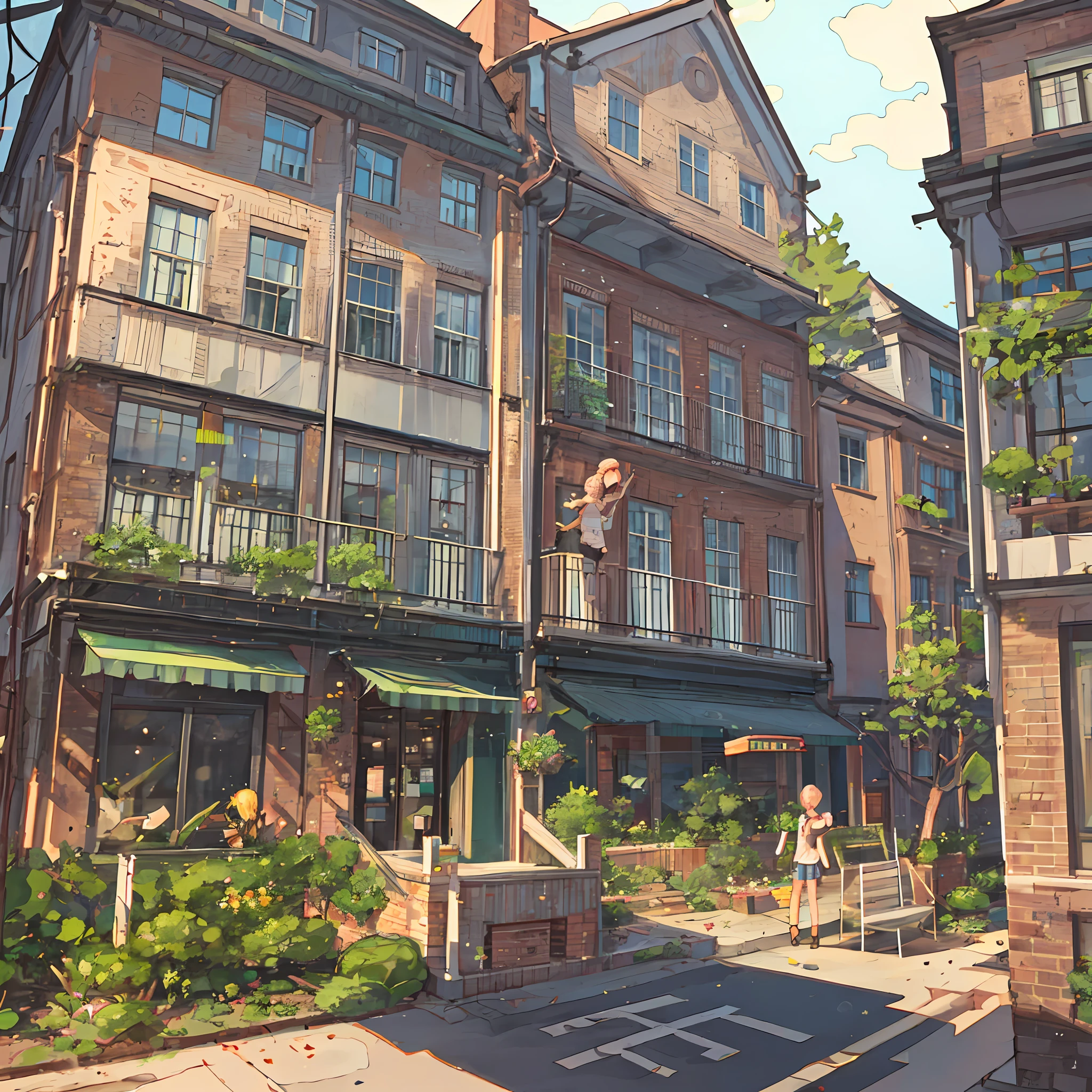Barrio with residential building, construction, masterpiece, best quality,