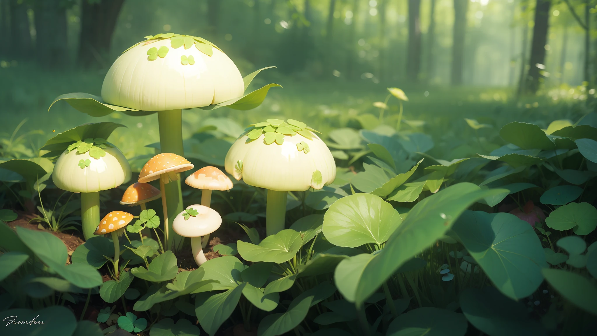 Fine matte painting, four-leaf clover, turquoise mushrooms, dew, morning sun