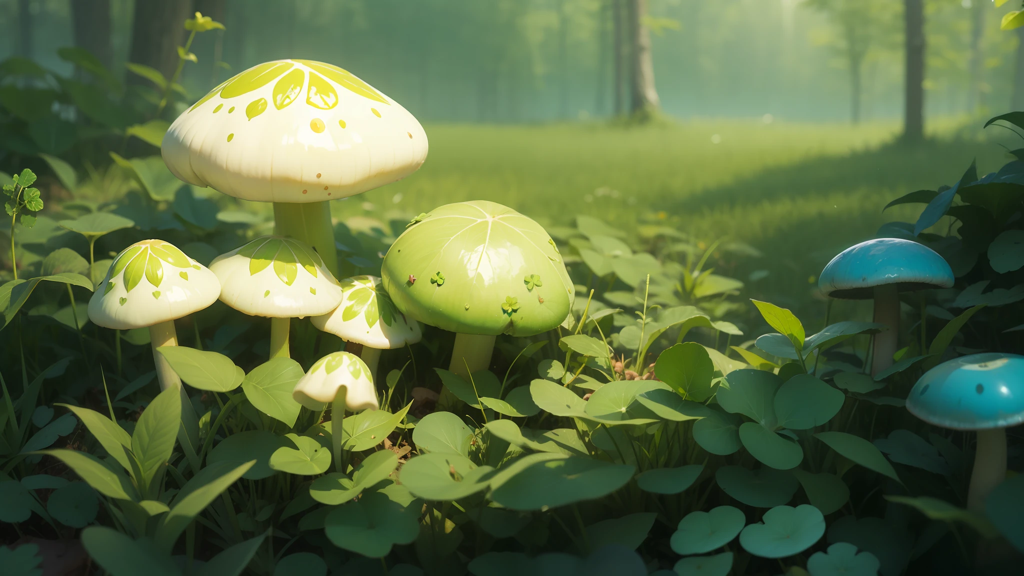 Fine matte painting, four-leaf clover, turquoise mushrooms, dew, morning sun