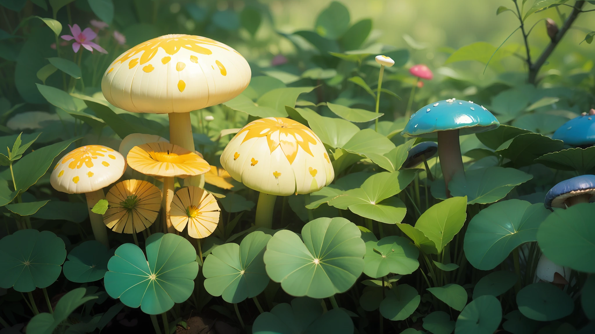 Fine matte painting, four-leaf clover, turquoise mushrooms, dew, morning sun