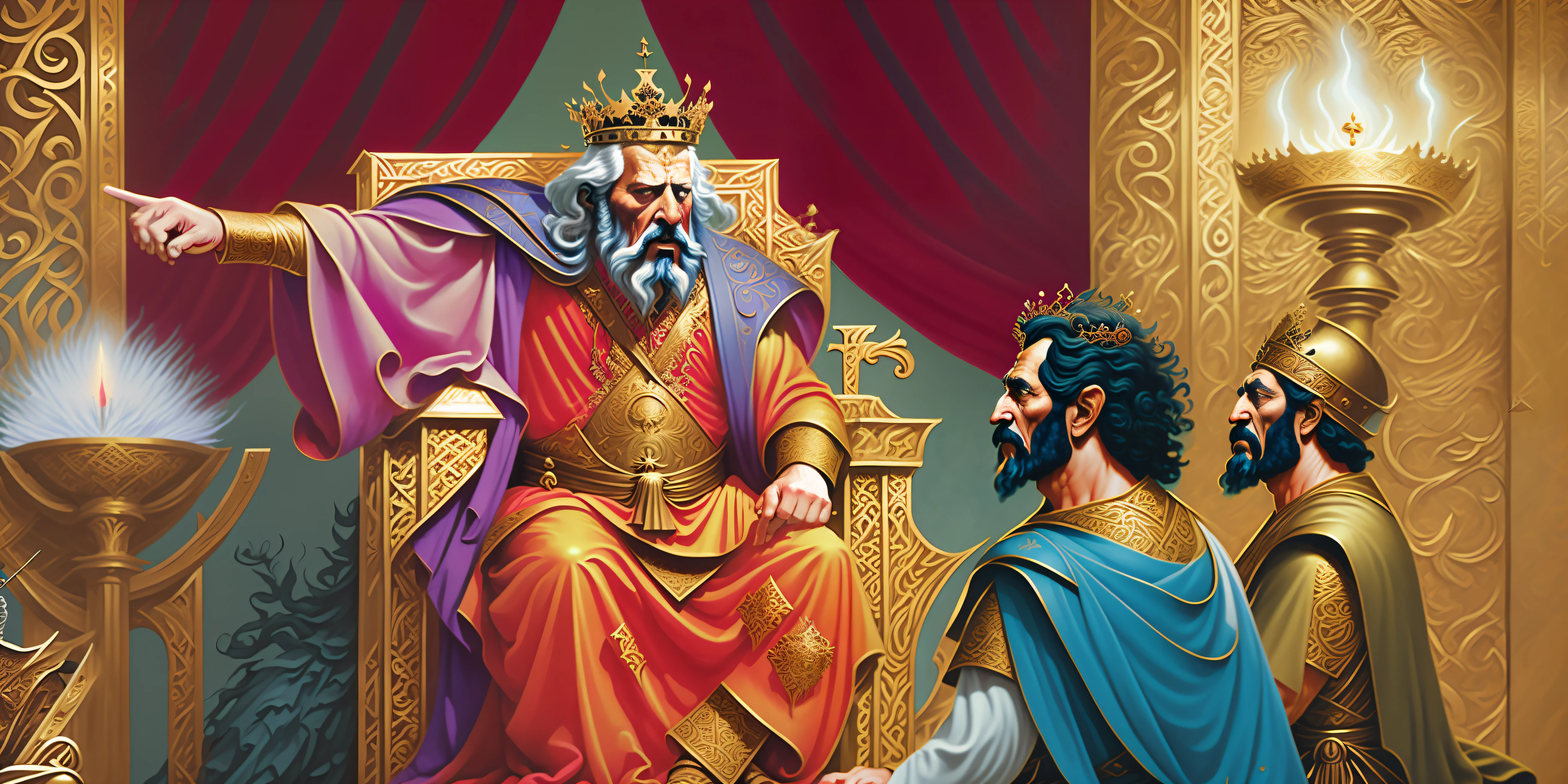 Painting of a man king sitting on a throne very angry and angry pointing one of his fingers with two men in front of him, colorful illustration, biblical illustration, by Juan O'Gorman, the emperor's tarot card, by Robert Bain, emir, by senior artist, by Hristofor Žefarović, sitting on his throne, palace scene