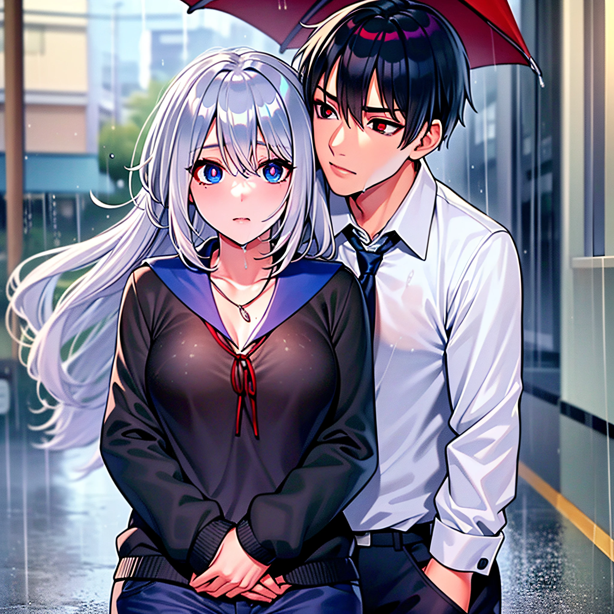 (masterpiece), (best quality), highres, ((((1girl she has gray hair with blue eyes and 1boy he has short black hair with red eyes who are classmates))))), ((((They have different hair colors and eyes do not confuse)))), (draws Kei and kiyotaka ayanokoji looking at each other), (2schoolmates who are Kei and kiyotaka ayanokoji looking at each other),  (kei1), (1girl), solo, ((((she has blue eyes)))), (she has long hair), (she wears a school uniform), (she has ribbon), (she has bangs), collarbone, she has gray hair, she has black hair band, she has neck ribbon, hair between her eyes, she has medium breasts, cowboy shot, she is looking seriously at kiyotaka ayanokoji,  anatomically correct whole body, is standing in the street with rain falling, this with a sad and worried face, full stubborn detached, (1boy), (kiyotaka ayanokoji), 15 year old, school uniform white shirt black jacket open jacket red tie long black pants sitting, (((((he has red eyes))))), ((he has short black hair)), whole body anatomically correct, he has a necklace of jesus around his neck,  normal legs, wears black shoes, (he's looking at Kei1 or the girl), ((he's in front of kei wanting to give her his black jacket so she doesn't get wet so much)) , is facing Kei, (emotional scene), (mysterious), (detailed full escenario), (((((They're soaking with a lot of passion and hugging))))), ((((They're being wet by the rain along with their clothes)))),  ((Their bodies are anatomically correct and detailed without error))