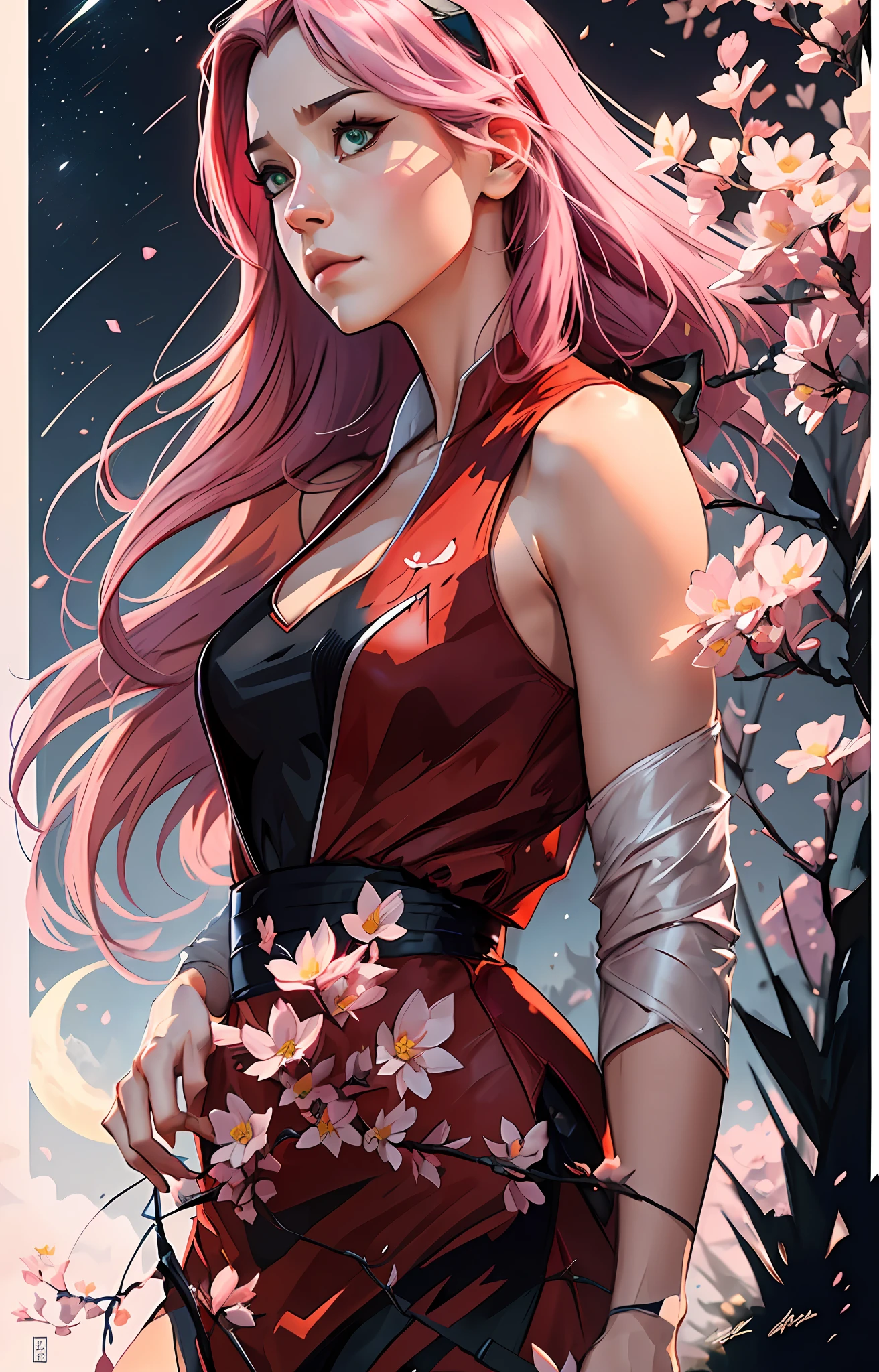 Sakura haruno, ((solo)), alone, ((forehead the show)), elegant,wearing a red flowery dress, pink hair, delicate, young, long hair, detailed face, high definition, ((full body)), full body, ((serious)), in a garden, looking at the moon, she is a beautiful woman of success, face with high quality,CEO, defined eyes, high definition, sharp, sharp features, red bow in hair, Trending on Artstation, by Rhods, Andreas Rocha, Rossdraws, Makoto Shinkai, Laurie Greasley, Lois van Baarle, Ilya Kuvshinov and Greg Rutkowski