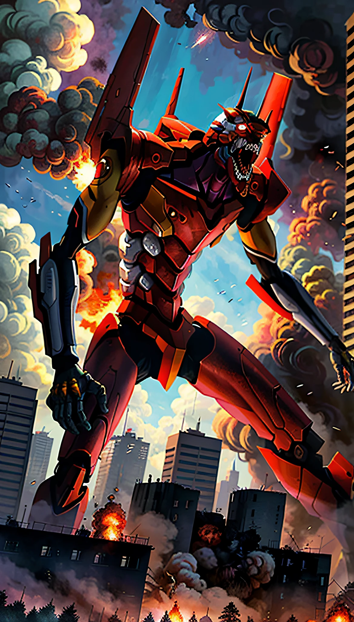 eva 02 screaming, evagod, evangelion mecha, science fiction, (official art, best quality, masterpiece:1.2), illustration, high resolution, city on fire, Futurism, cyberpunk, intense angle, destroyed city