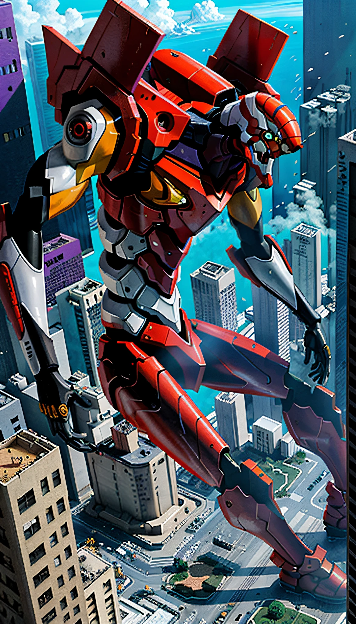 eva 02, evagod, evangelion mecha, science fiction, (official art, best quality, masterpiece:1.2), illustration, high resolution, beautiful abstract background, Futurism, cyberpunk, intense angle, destroyed city