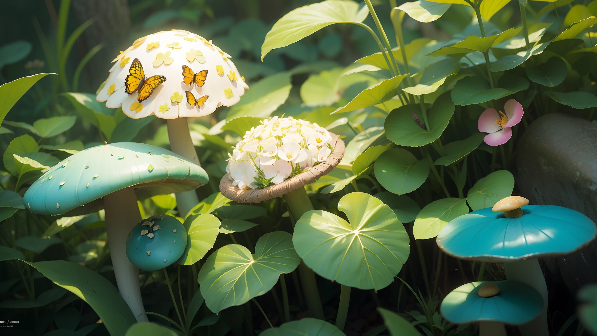 Fine matte painting, four-leaf clover, turquoise mushrooms, dew, morning sun, butterflies surrounding, dream garden