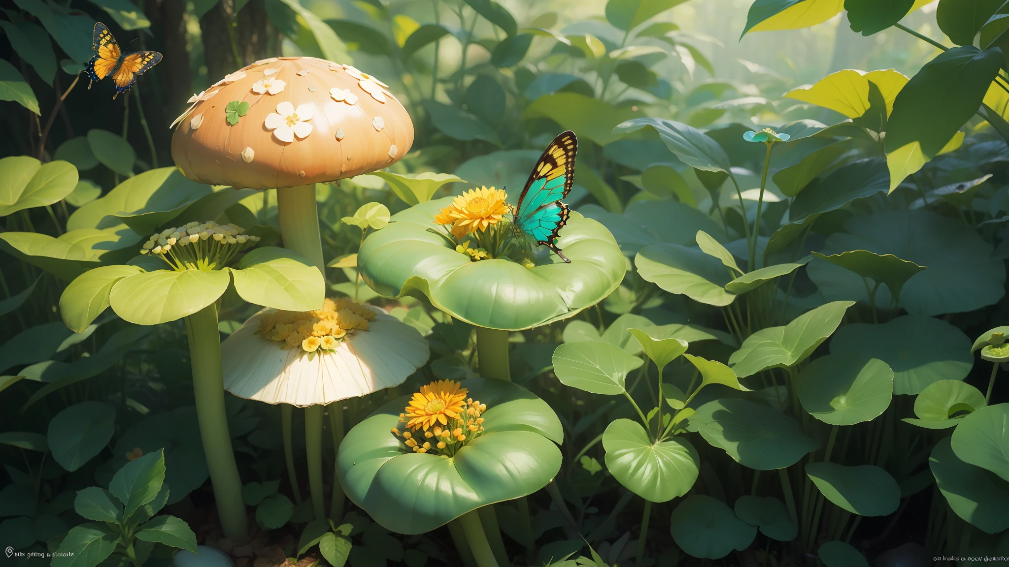 Fine matte painting, four-leaf clover, turquoise mushrooms, dew, morning sun, butterflies surrounding, dream garden