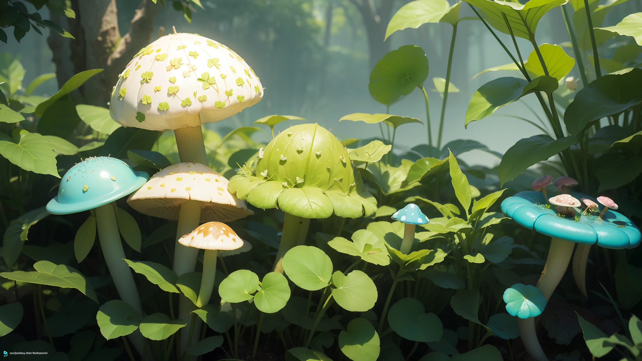 Fine matte painting, four-leaf clover, turquoise mushrooms, dew, morning sun, butterflies surrounding, dream garden