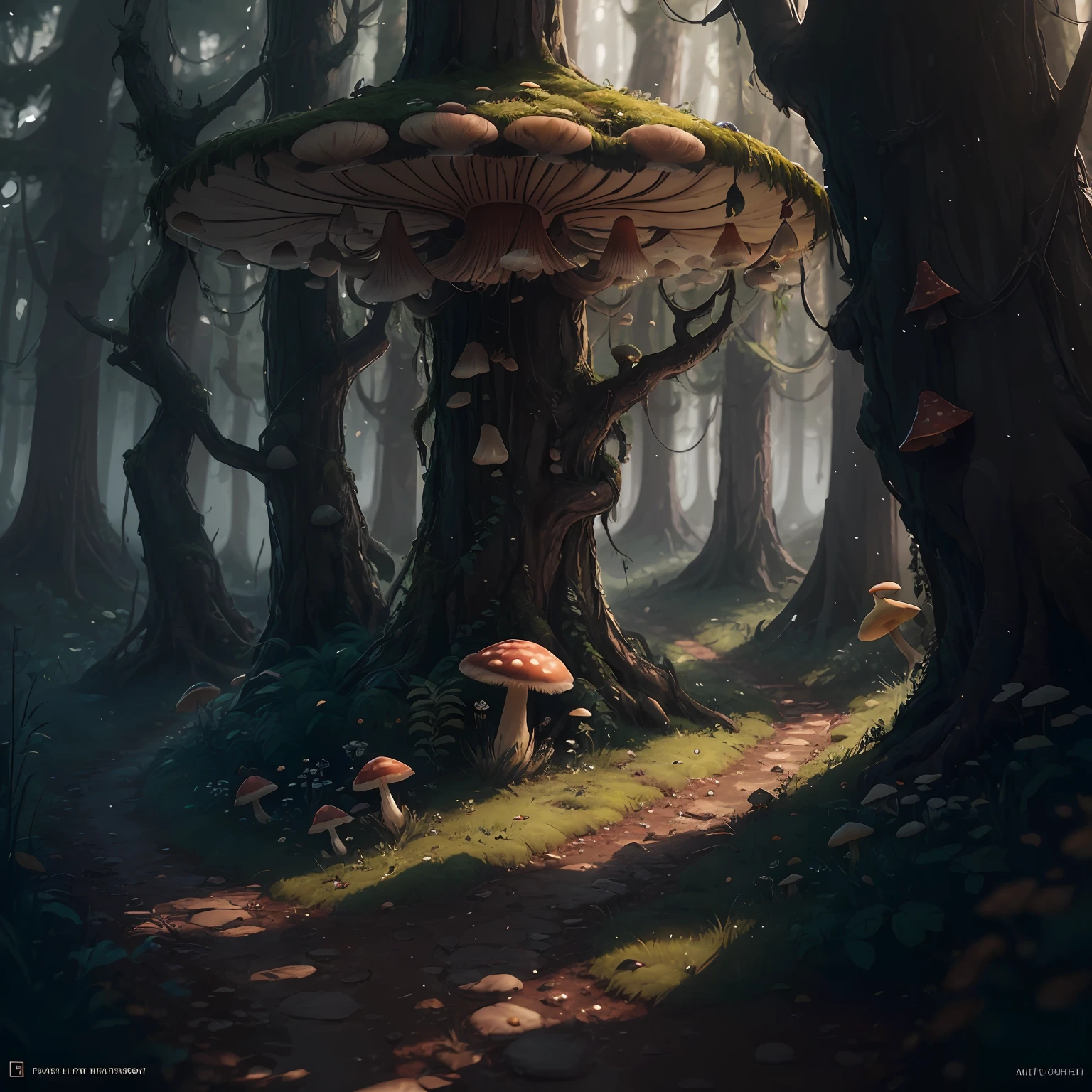 mushrooms in the forest with moss and moss growing on the ground, 4k highly detailed digital art, mushroom forest, 8k high quality detailed art, highly realistic concept art, forest made out of mushroom, ultra realistic concept art, 4k detailed digital art, mushrooms style and macro style, beautiful 3 d concept art, 3 d render stylized, unreal engine fantasy art --auto