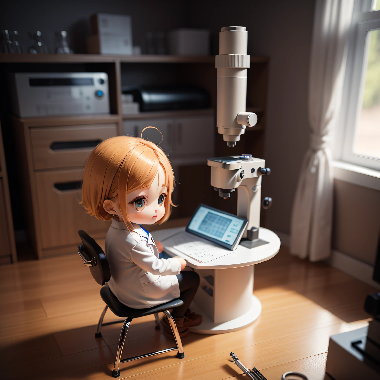 Create for me a cute 3D child chibi, dressed in lab coat, scientist, sitting in a chair, with a microscope nearby, in a laboratory, realistic, masterpiece, high resolution best quality --auto