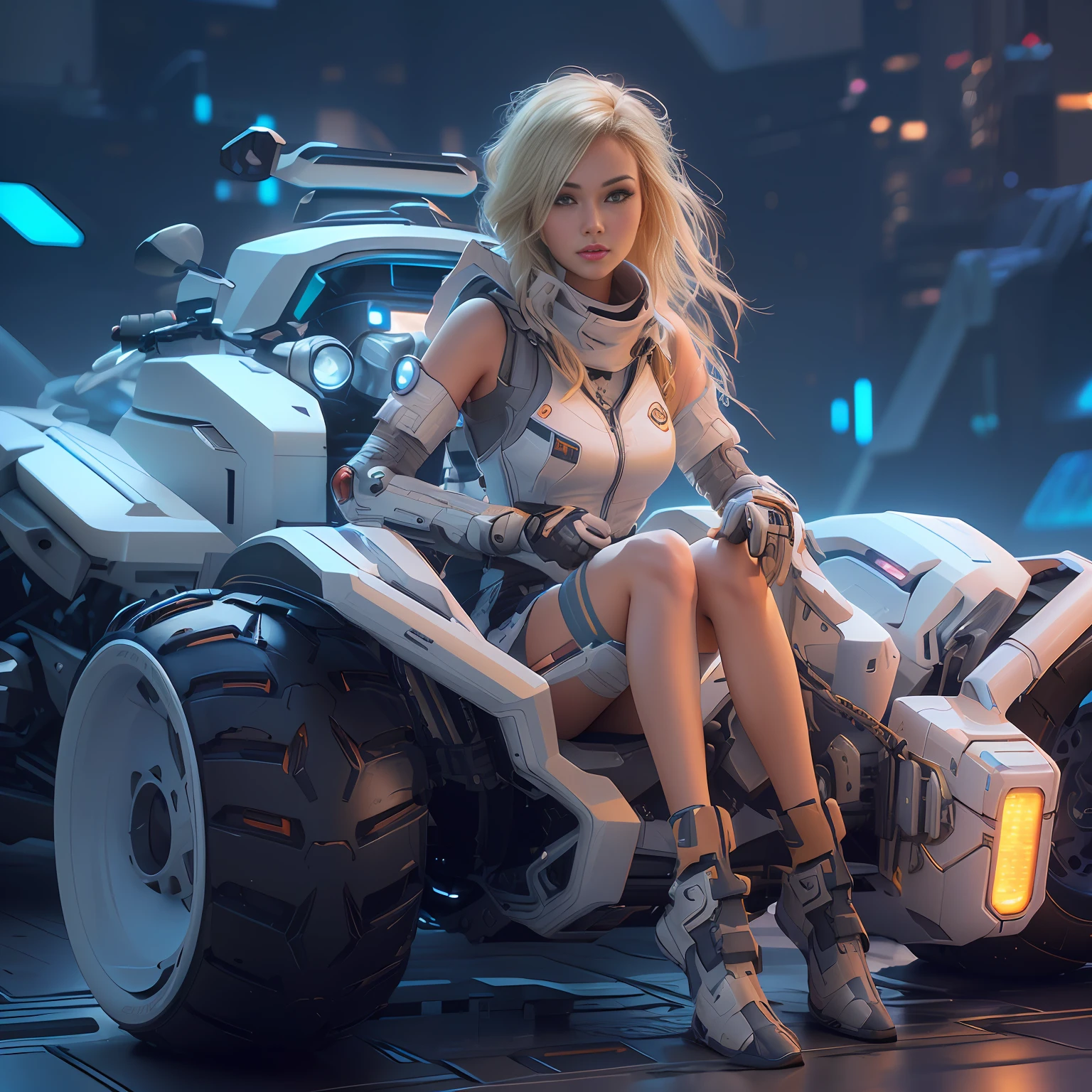 blond woman sitting on a motorcycle in a futuristic city, ross tran 8 k, sitting on cyberpunk motorbike, octane cgsociety, 3 d render character art 8 k, octane trending on cgsociety, in the style of ross tran, smooth digital concept art, cgsociety 8 k, cgsociety 8k, cgsociety 8k, wojtek fus, stunning cgsociety