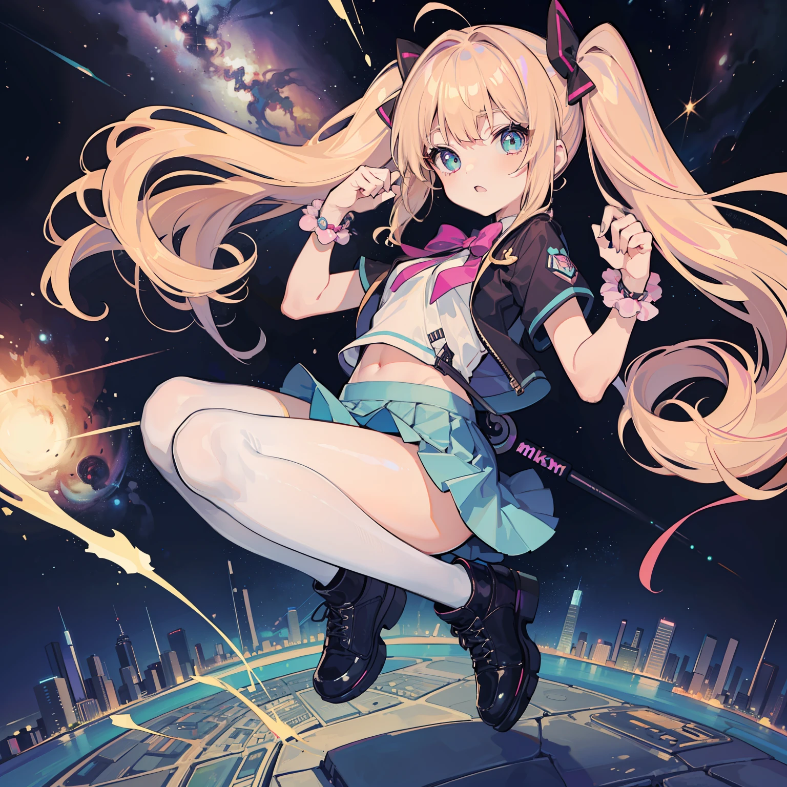 ((ウサギ耳の女の子))((13歳))AND_PERP fullbody,city street,(milky way:1.3),solo,loli,twin tail hair,mini skirt,action pose: