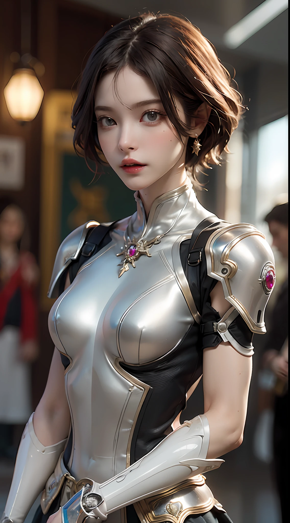 masterpiece, high quality, 3d, 8k cg, intricate details, detailed background, sacred. ornaments, byDylanKowalski, ((1girl)), upper body, muscular, skindentation, looking to the side, short hair, prosthesis, mechanical arms, synthetic skin, porcelain, pearl, holographic, titanium, diamond, ruby, sapphire, gemstones, clockwork, grunge, worn edges, armor,