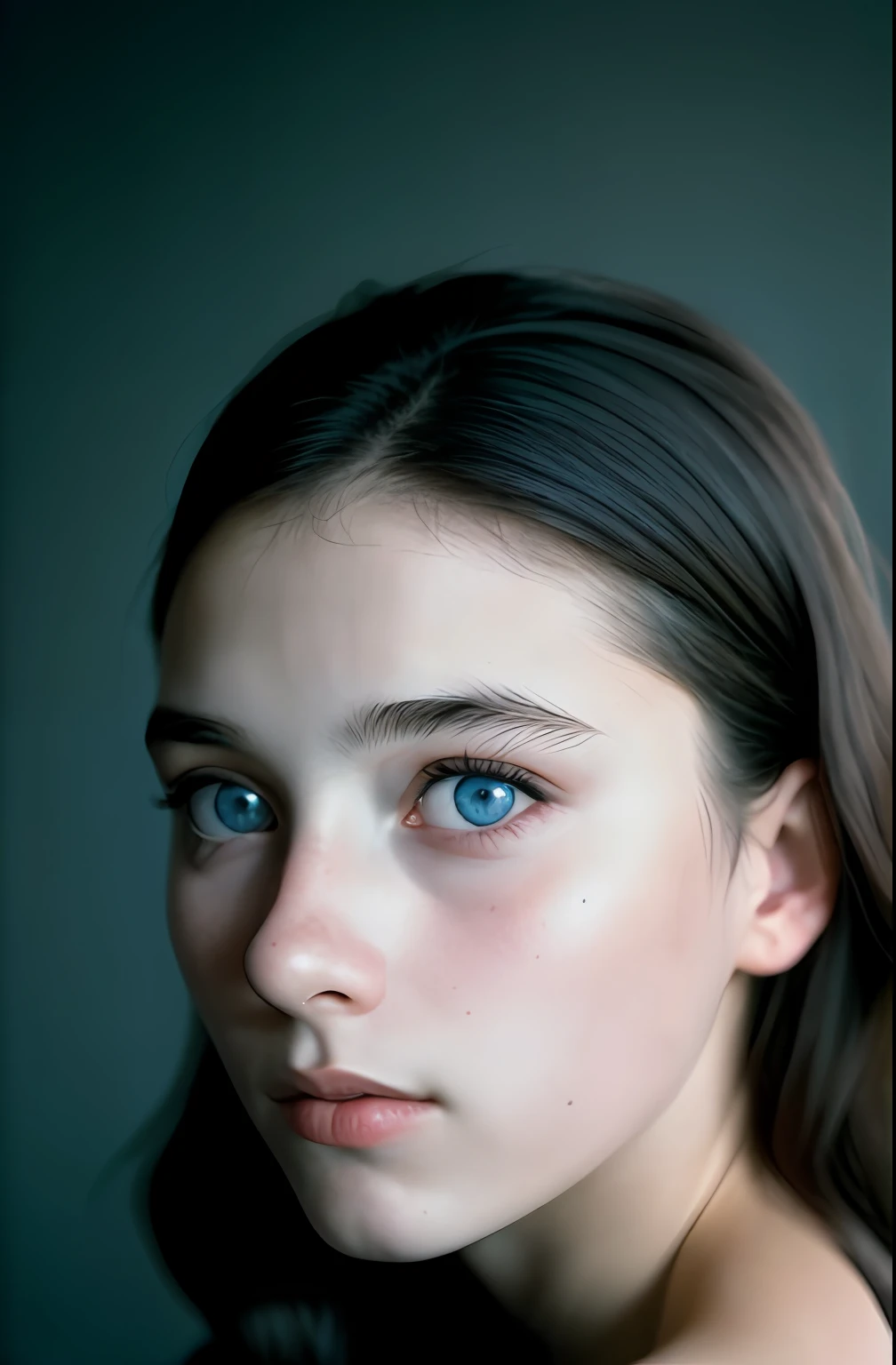 (close-up, editorial photograph of a 14-year-old girl, blue eyes, delicate eyes, from the 1940s), (highly detailed face:1.4) (smile:0.7) (background inside dark, grumpy, private study:1.3) POV, by lee jeffries, nikon d850, film bank photography,4 kodak portra 400, camera f1.6 lens, rich colors, hyper realistic, realistic texture, dramatic lighting, cinestill 800,