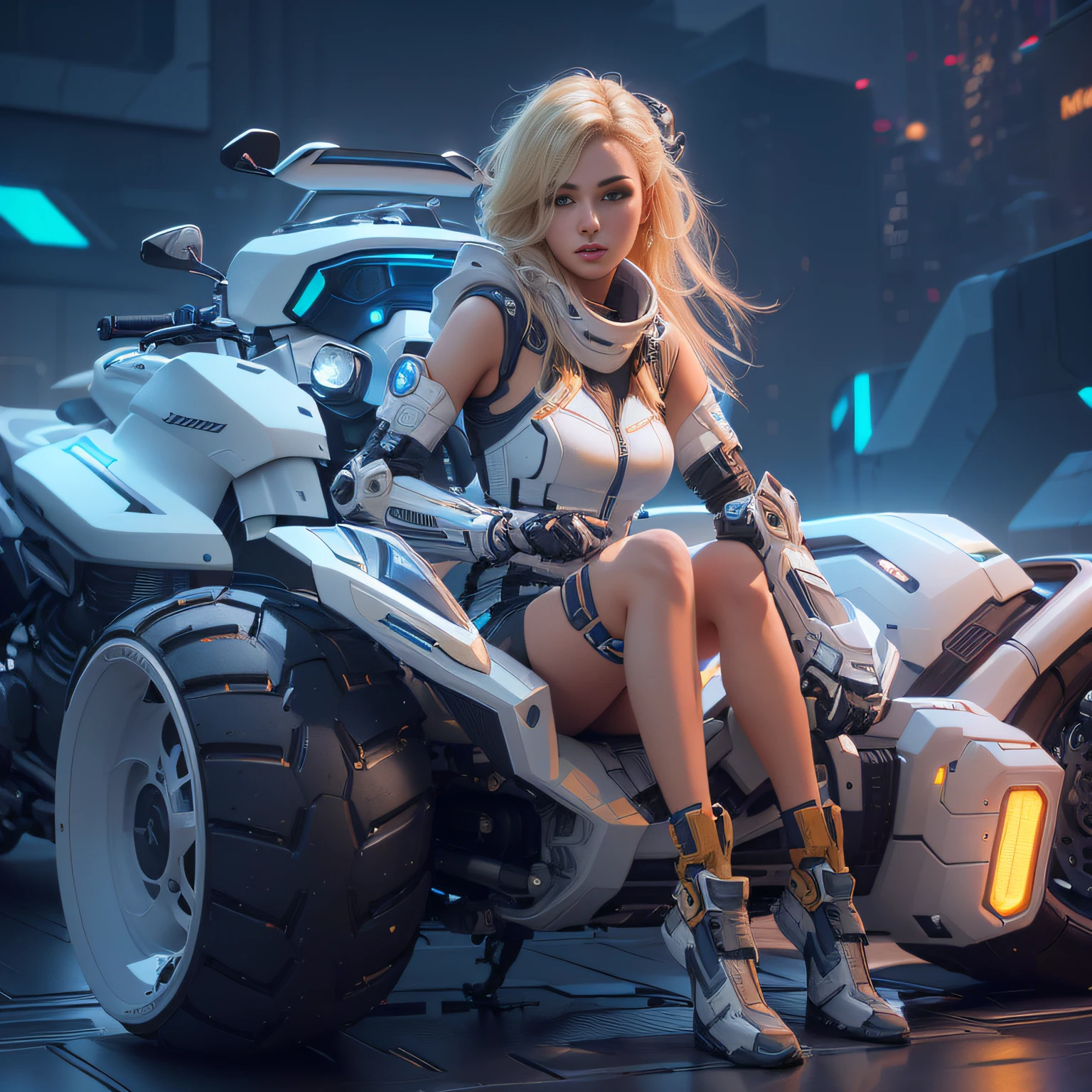 blond woman sitting on a motorcycle in a futuristic city, ross tran 8 k, sitting on cyberpunk motorbike, octane cgsociety, 3 d render character art 8 k, octane trending on cgsociety, in the style of ross tran, smooth digital concept art, cgsociety 8 k, cgsociety 8k, cgsociety 8k, wojtek fus, stunning cgsociety