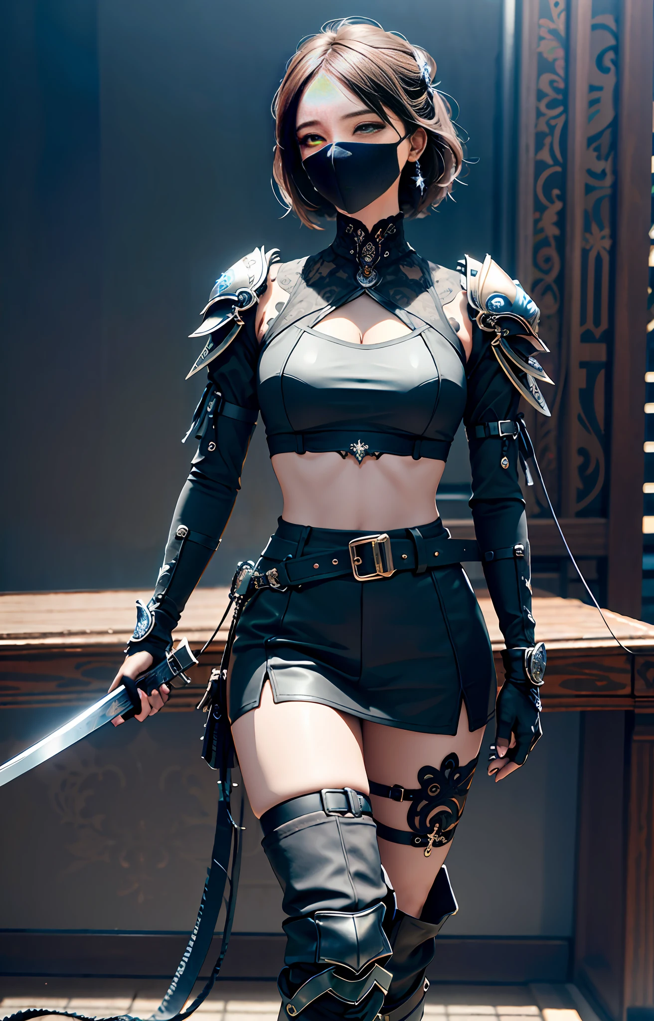 Official art, extremely detailed CG Unity 8k wallpaper, best quality, masterpiece, high resolution, beautiful girl ninja, short hair, black crop top leather armor, brown belt, scabbard on thigh, Japanese sword, leather armor, leather gloves, black mini-leather skirt, black over-the-knee flat boots, tight leather suit, leather texture, black mask, full body photo, melon seed face, small face,