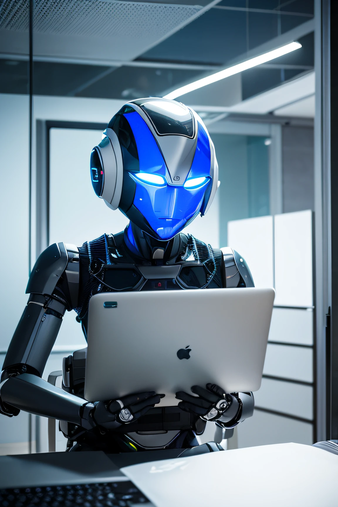 A futuristic looking attorney office, with a man attorney and a humanoid robot, laptop in on, light up, technology intersecting with nature in the year 2050 in the style of cinematic, cinematography, shallow depth of field, subject in focus, beautiful, filmic.