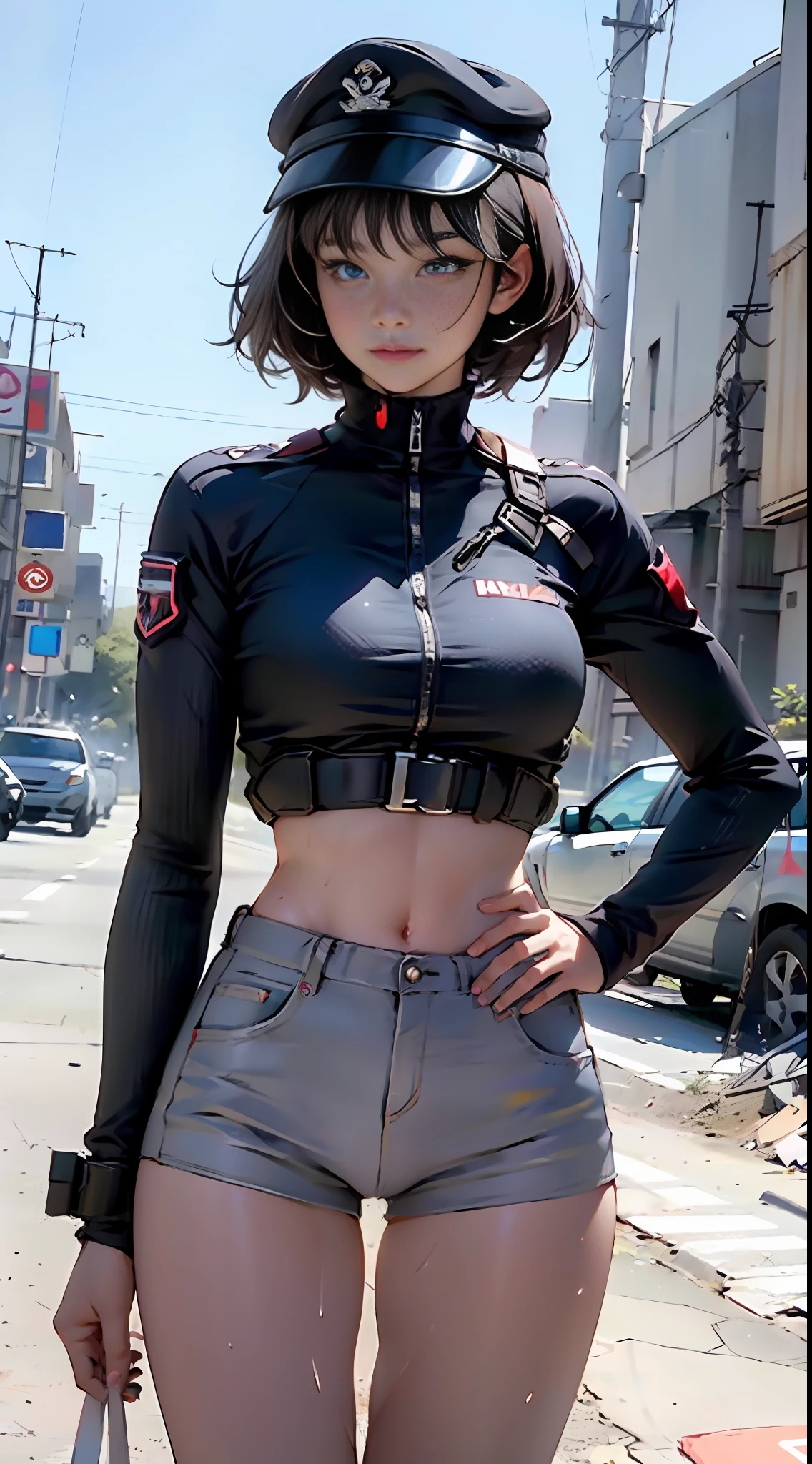 Beautiful brunette woman, sweaty body, short hair with cap, short underwear, sexy military clothes, thick thighs body together, angle from bottom to top, 8k, ultra realistic, on a sunny desert road, with car planes and destroyed buildings, apocalyptic landscape