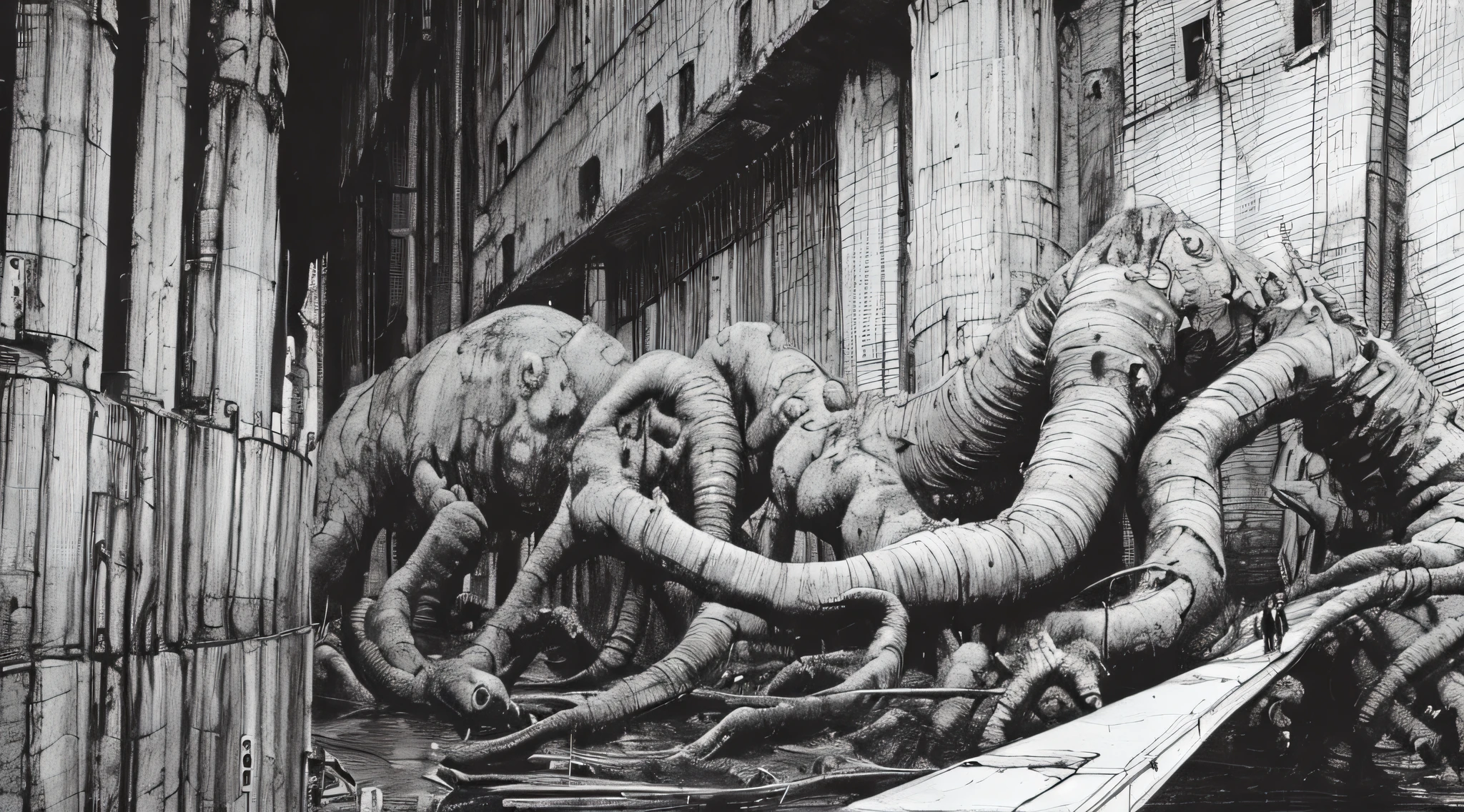 vast, gigantic, decrepit scenery, covered in large tubes and cables, buried under cables, dim light, heavy black and white, giant-gross-organic, monsters-creatures,  OrganicBiomArt