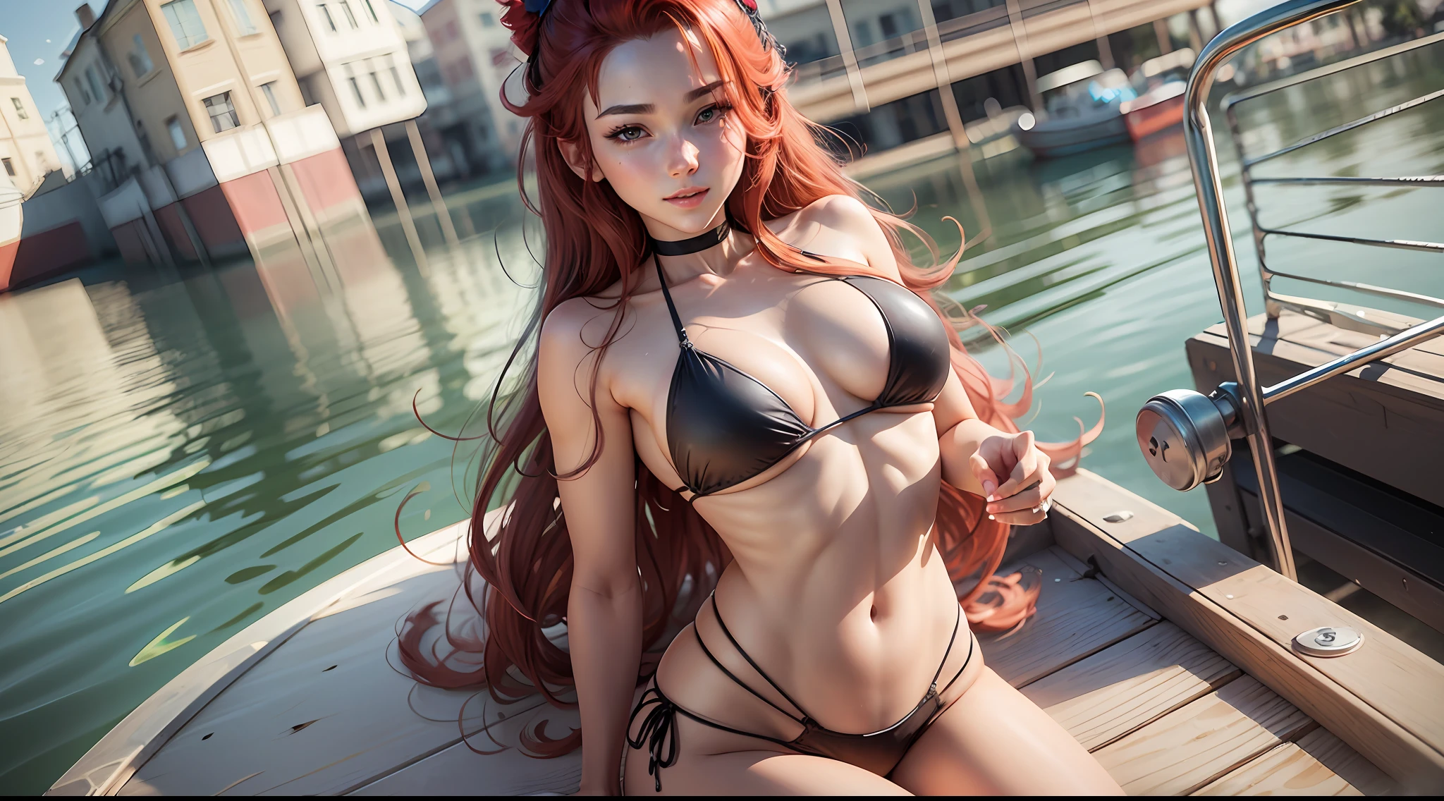 kai ́sa, anime girl in a bikini, seductive anime girl, beautiful anime girl, extremely detailed art, digital anime art, realistic anime art style, realistic 3 d anime, photorealistic anime, realistic bikini, realistic 3d anime style, render photorealistic anime girl, big boobs, beautiful anime woman, soft cg anime art, transparent bikini, smiling, long hair, running, glued bikini,  on a boat, green eyes, red hair, --auto