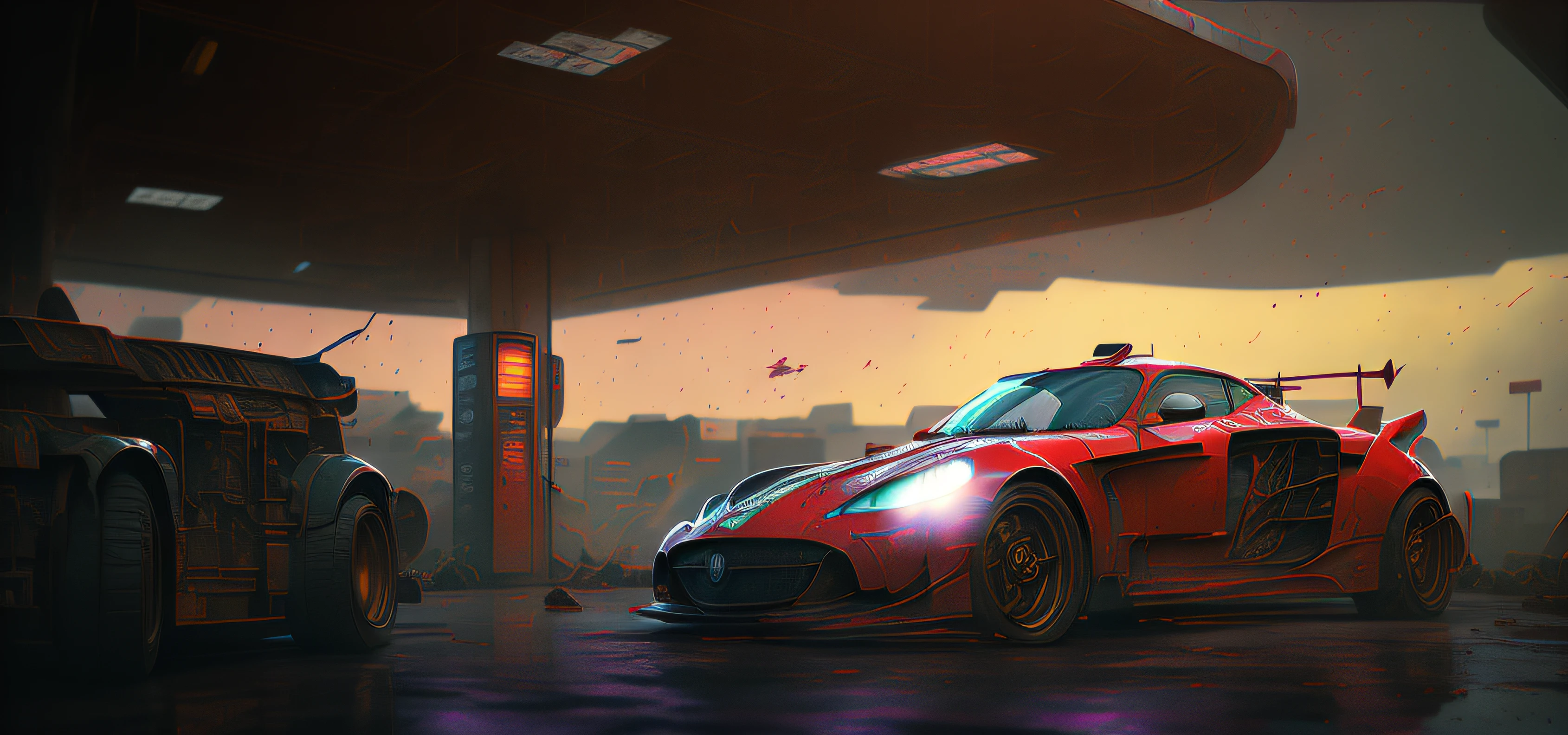 there is a red car that is sitting in the air, akira cgi movie stills, highly realistic concept art, photorealistic concept art, ruined gas station and cars, 3 d octane render conceptart, stunning photo real concept art, photorrealistic concept art, ultra realistic concept art, retrofuturistic digital painting, rolands zilvinskis 3d render art