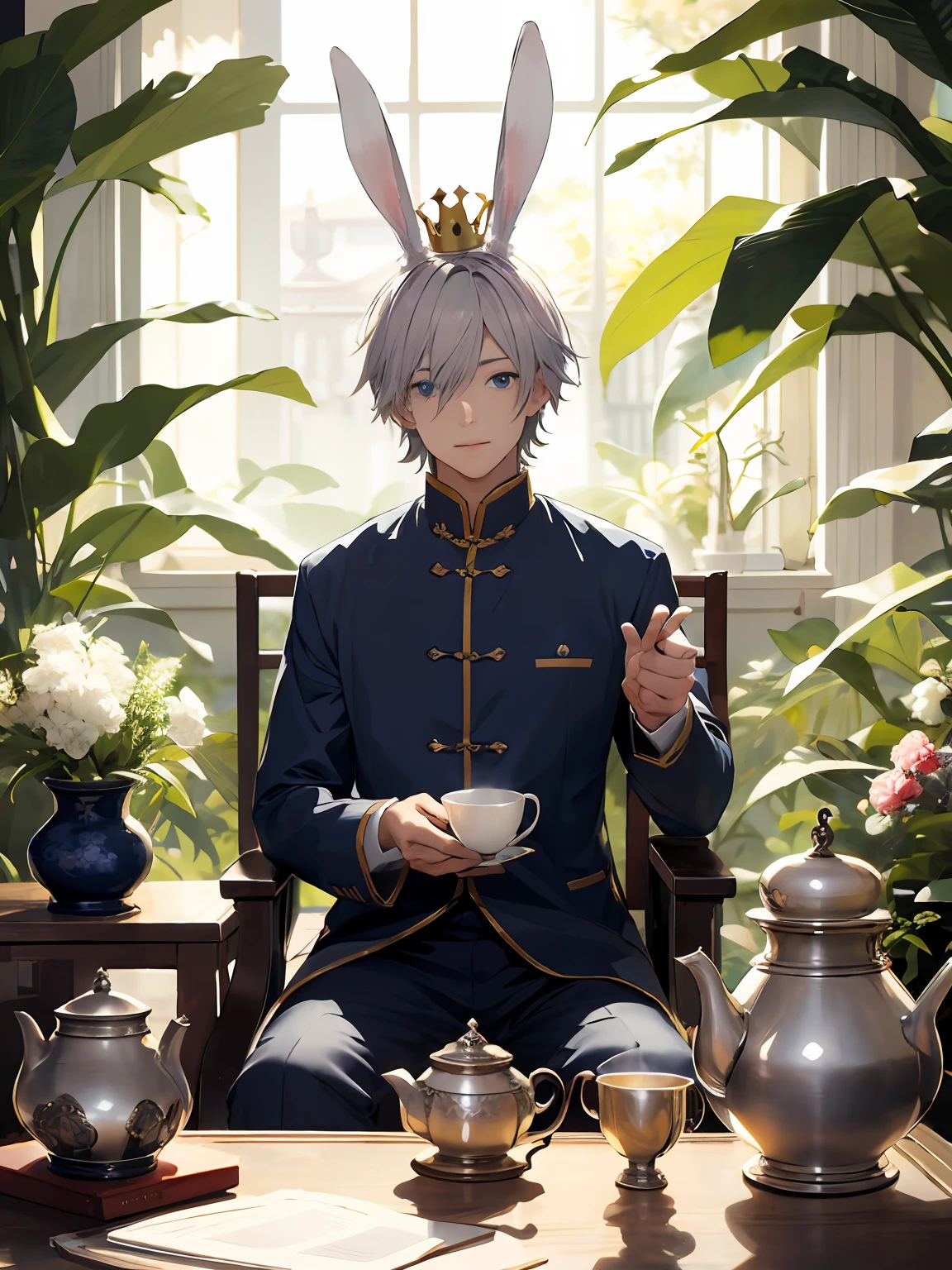 illustration, cute boy, silver-haired blue-eyed rabbit ears, crown, fantasy, solo, rabbit ears, rabbit ears, tea party, chinese tea, tea in a glass pot, flowers floating in tea, china, refreshing breeze, lazy afternoon, elegant tea