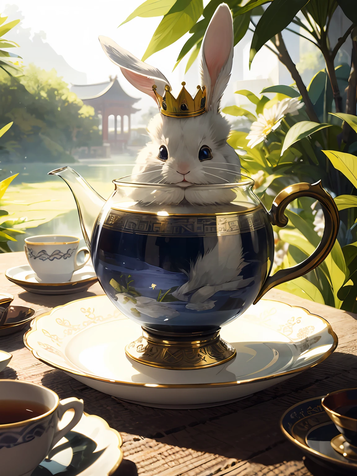 illustration, cute boy, silver-haired blue-eyed rabbit ears, crown, fantasy, solo, rabbit ears, rabbit ears, tea party, chinese tea, tea in a glass pot, flowers floating in tea, china, refreshing breeze, lazy afternoon, elegant tea