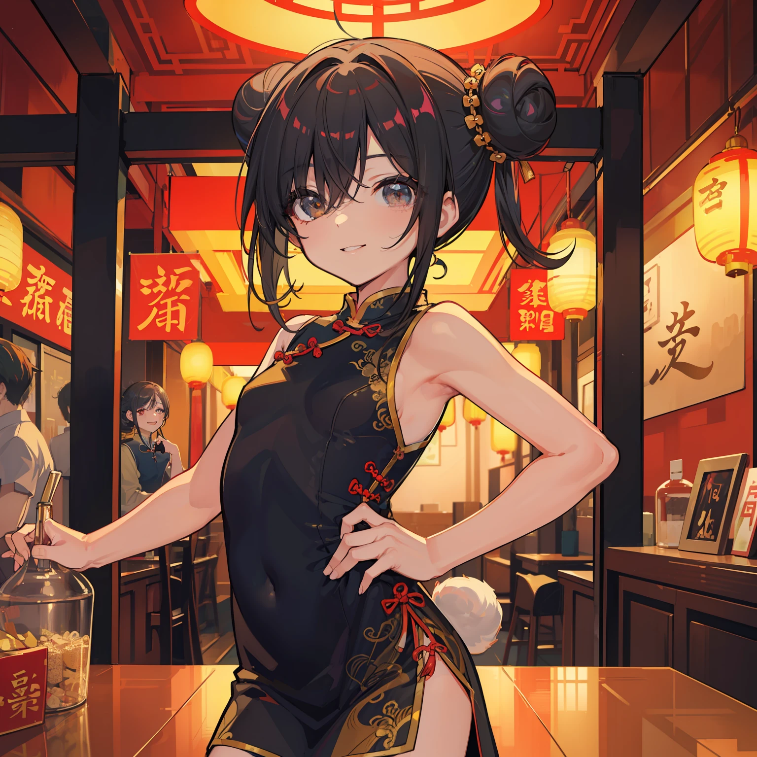 Top quality, (Rabbit-eared girl)) ()), close-up, dynamic pose, black hair, (twin hair buns: 1.5), floating hair, (hair above one eye), bangs, cute face, happy smile, small, change of clothes, undressing, (cheongsam to be undone), sleeveless, chinese city, chinese style, east Asian architecture, counter, indoor, chinatown, High-key lighting, high saturation, stylish atmosphere, cinematic feel, depth of field,