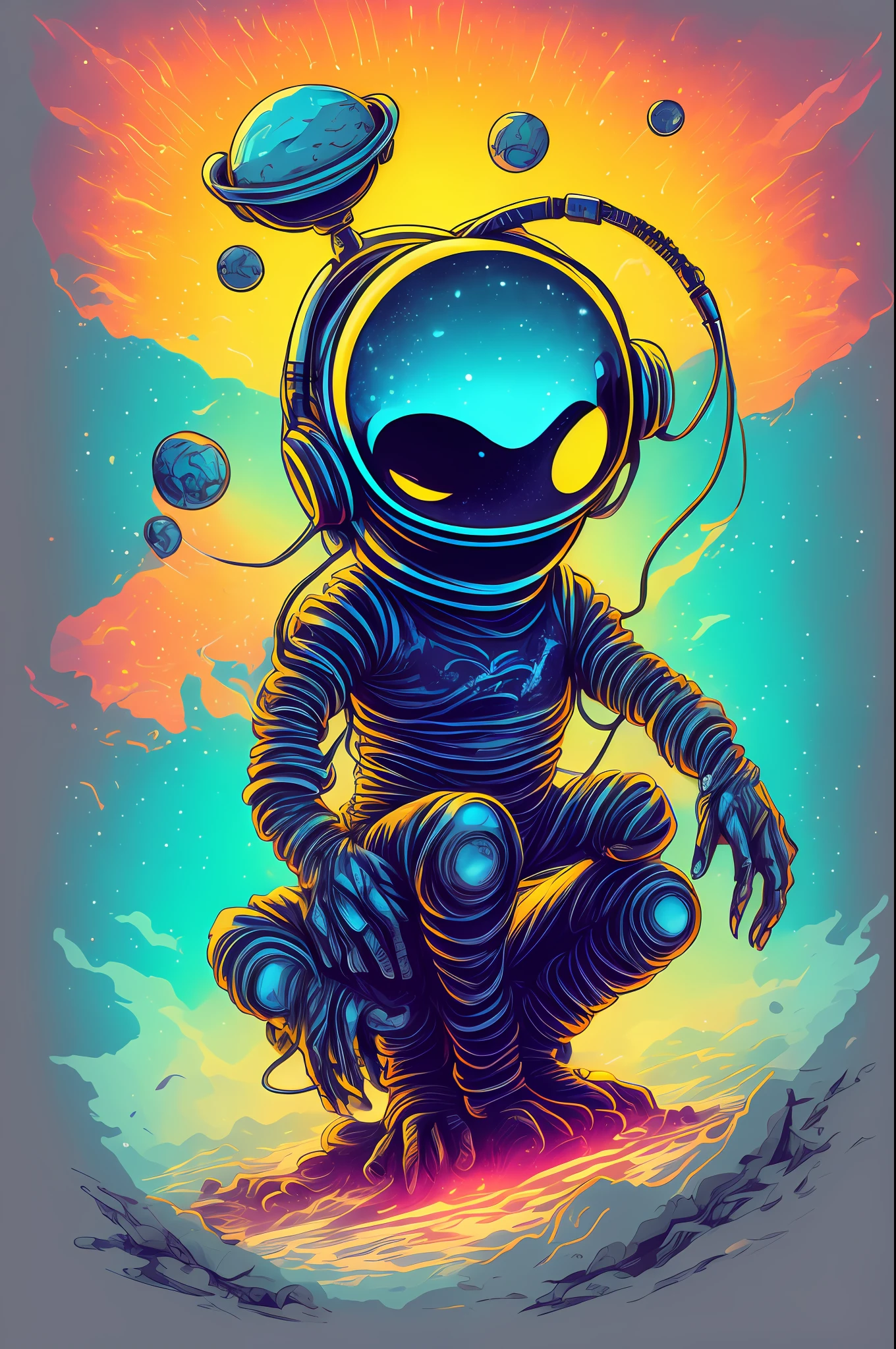 An alien sitting on a rock in a relaxed position, with a headset, in a circle, with white background and art vector style, in a vibrant and characteristic sunset, with detailed and sharp outline, as a t-shirt logo in the style of art