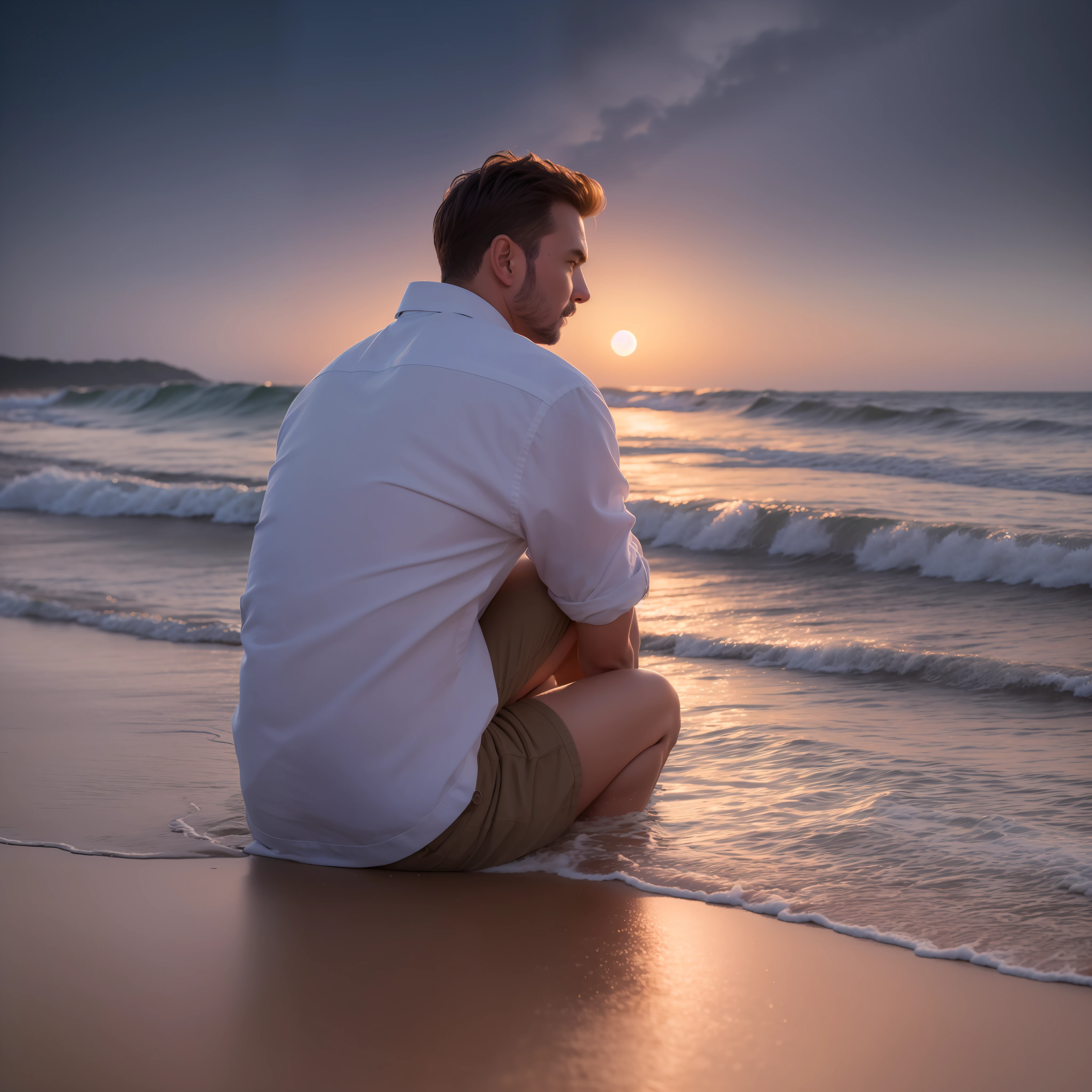 Man sitting on the beach at night looking at the sea. Photorealistic style, hyperdetailed, high quality, 8k