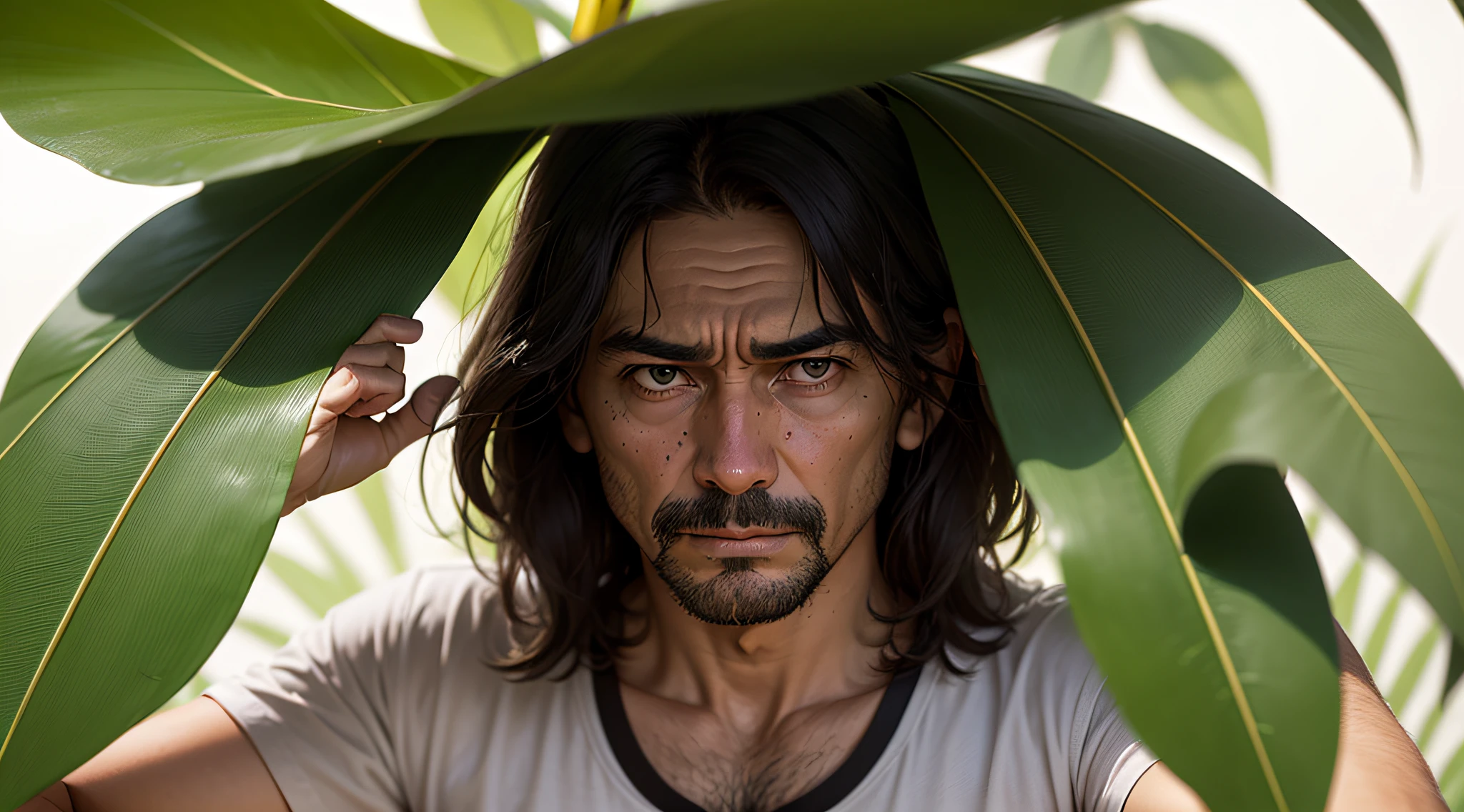 Man hiding behind a banana leaf with shame --auto