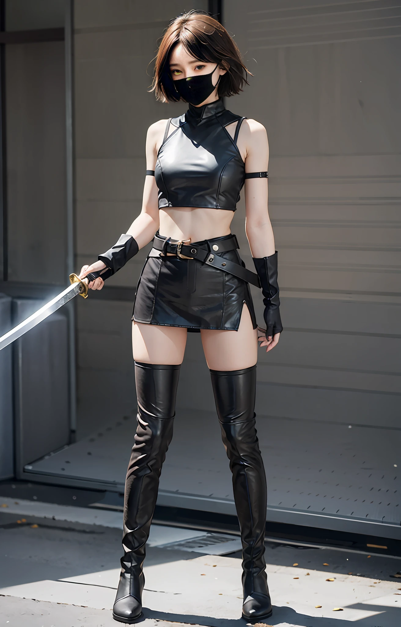 Official art, extremely detailed CG Unity 8k wallpaper, best quality, masterpiece, high resolution, beautiful girl ninja, short hair, black crop top leather armor, brown belt, scabbard on thigh, Japanese sword, leather armor, leather gloves, black mini-leather skirt, black over-the-knee flat boots, tight leather suit, leather texture, black mask, full body photo, melon seed face, small face,