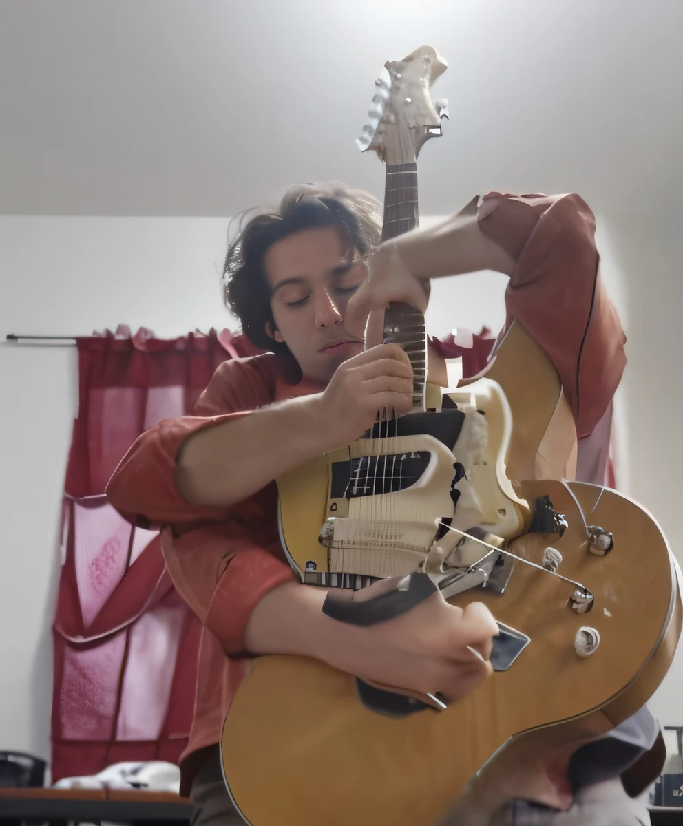 there is a man holding a guitar in his hands, playing the guitar, holding a guitar, playing a guitar, guitar solo, playing guitar, jamming to music, distorted pose, very very low quality picture, the guitar player, performing a music video, carrying a guitar, impossibly lifelike composition, as a claymation character, playing guitars