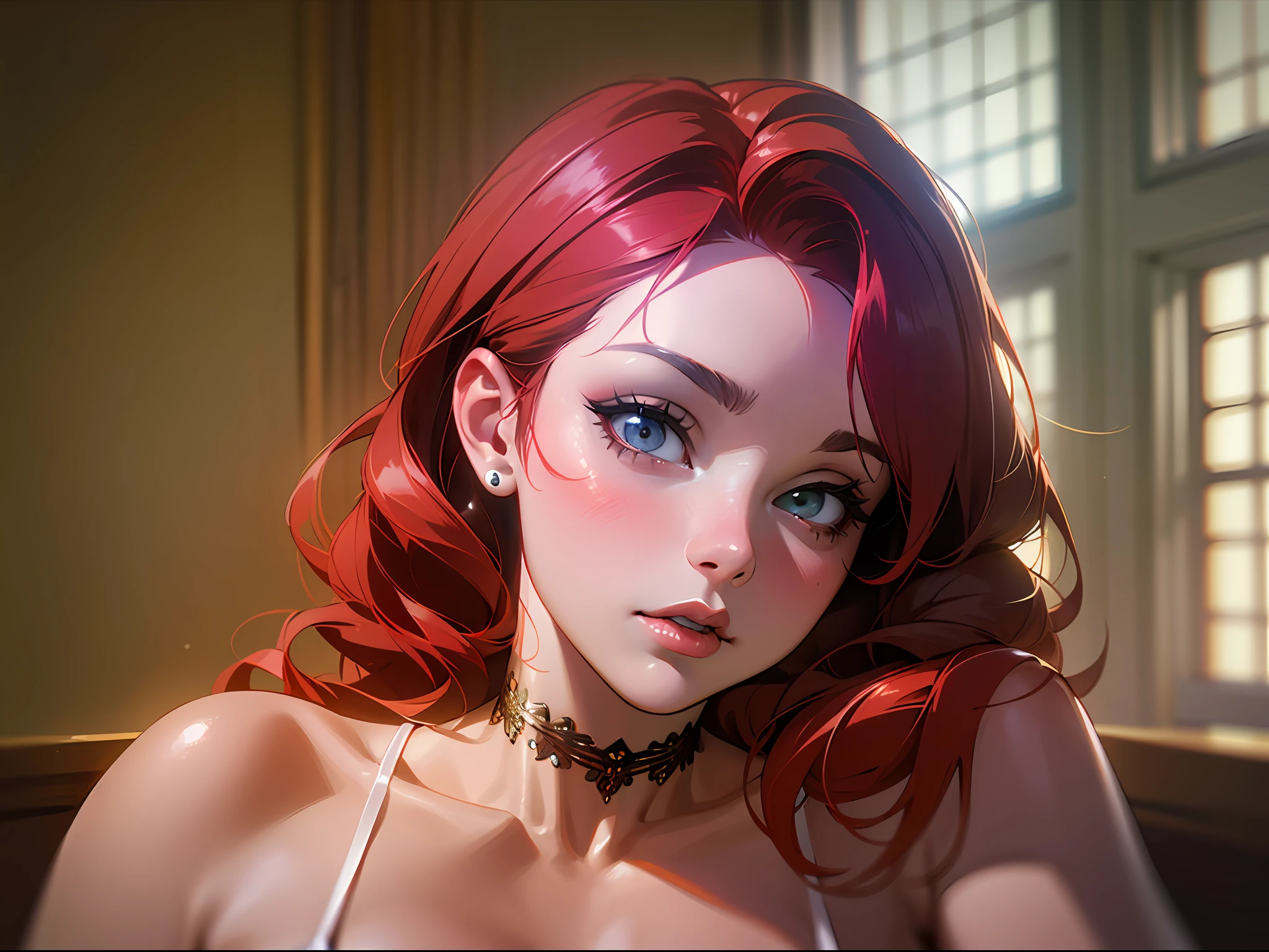 (Holland Roden:1.3), (red hair:1.2), silver choker necklace, delicate silver watch, plunging neckline tight red lingerie, (realistic:1.3), finely detailed, quality, (masterpiece:1.2), (photorealistic:1.2), (best quality), (detailed skin:1.3), (intricate details), dramatic, ray tracing, photograph, 1920's stateroom, Bathed in shadows, Visual novel, Hopeful, Moonlight, film grain, Kodak gold 200, Depth of field 110mm, --auto --s2