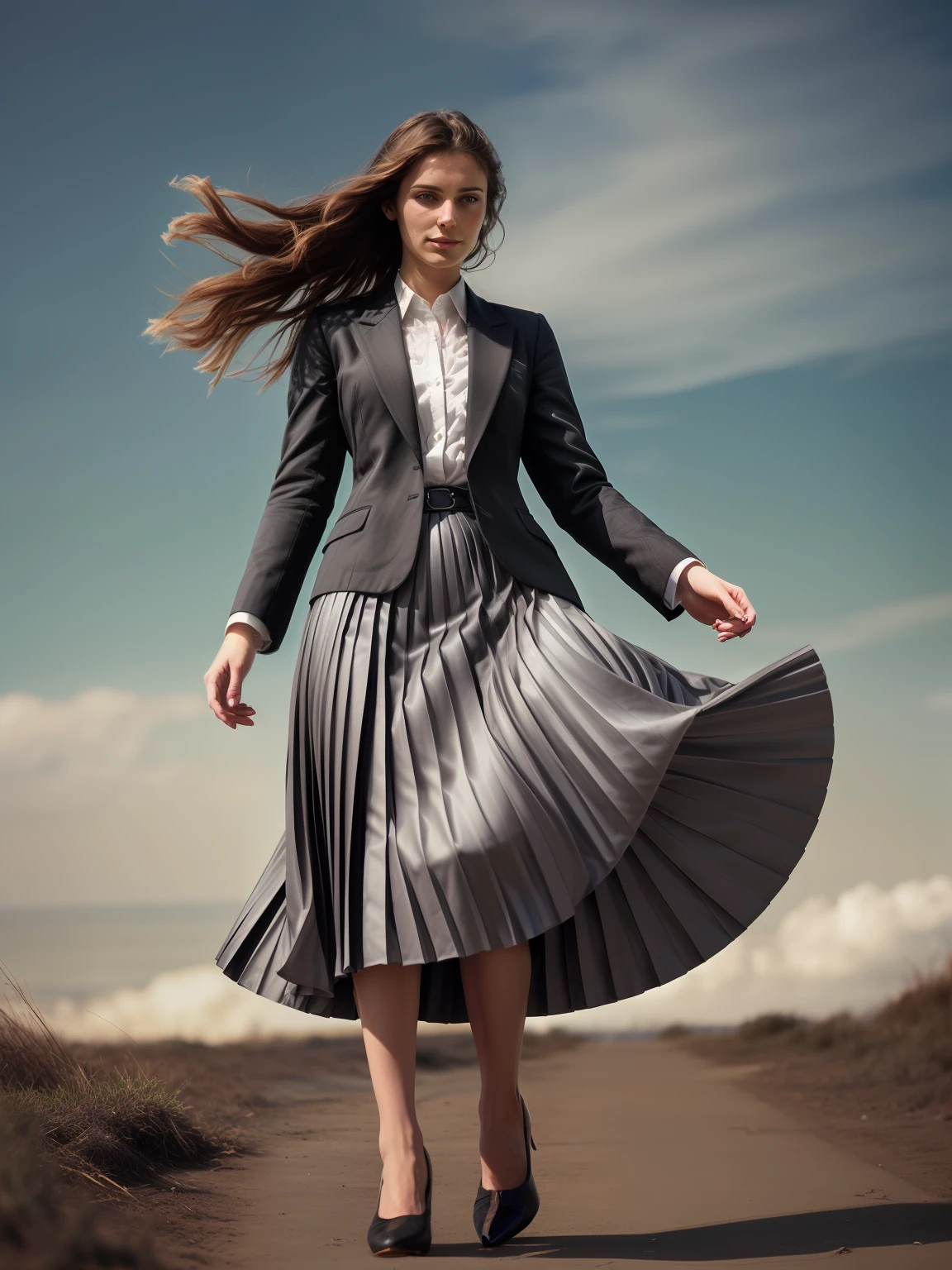 authentic (kind and tender) good woman wearing a short blazer with a very very detailed (long (fully pleated) full circle skirt) and (simple) low heeled office shoes, very very intricate hyper-detailed symmetric (attractive graceful young feminine face) with (sad, tired eyes and shy smile), full of empathy and compassion and love, (pronounced (feminine) features), (highly detailed ultra accurate realistic) hands and fingers, (windy conditions and wind blowing), epic composition, highly detailed attributes, highly detailed atmosphere, (35mm f1.4 Kodak portra 400 photograph), extremely high quality RAW photograph, intricate, Exquisite details and textures,