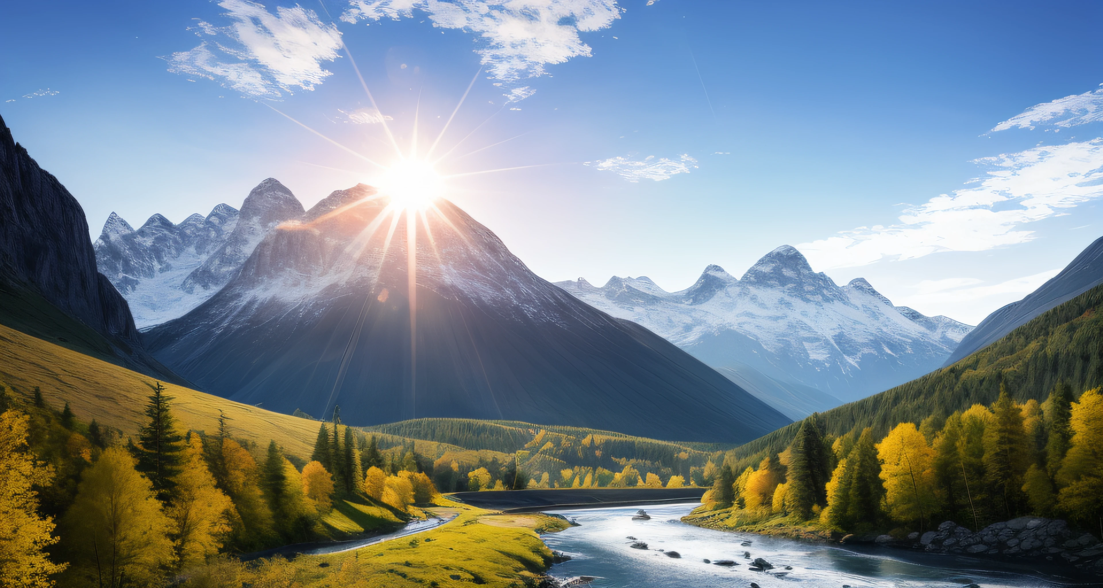 detailed background, masterpiece, best quality, scenery, mountains, river, forest, sun, day, clouds