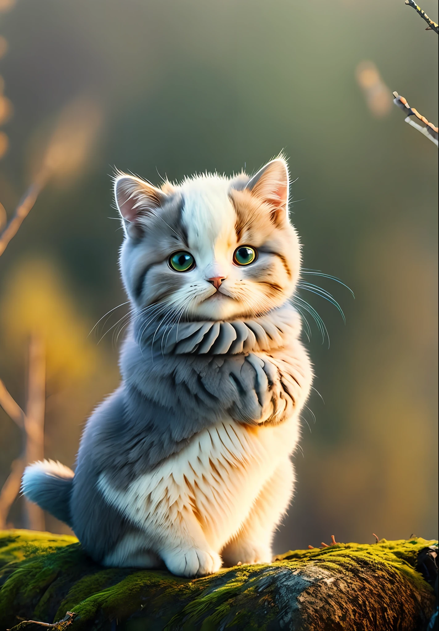A fluffy cat sits near the roots of a tree on the side of a mountain