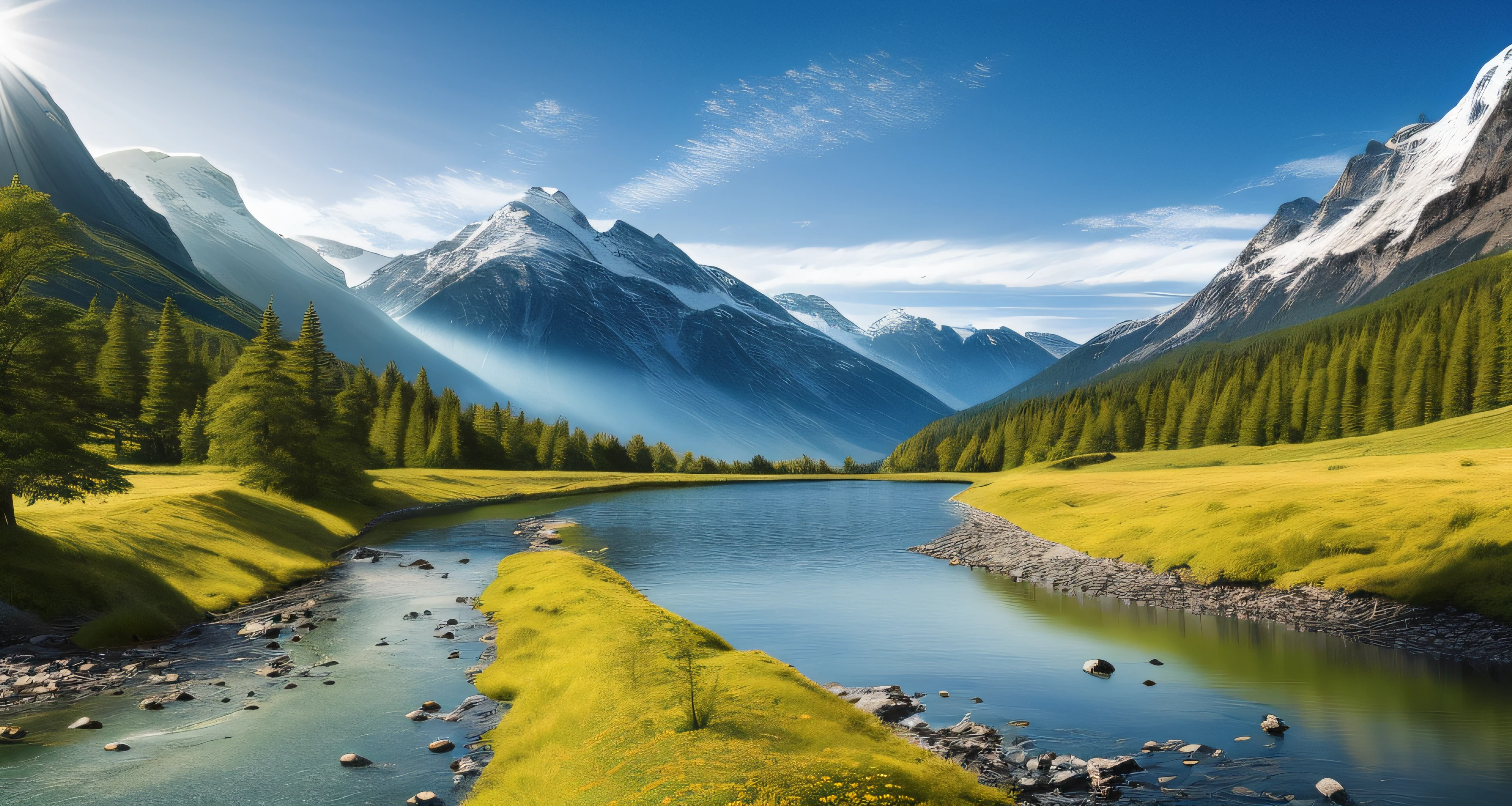 detailed background, masterpiece, best quality, scenery, mountains, river, forest, sun, day, clouds