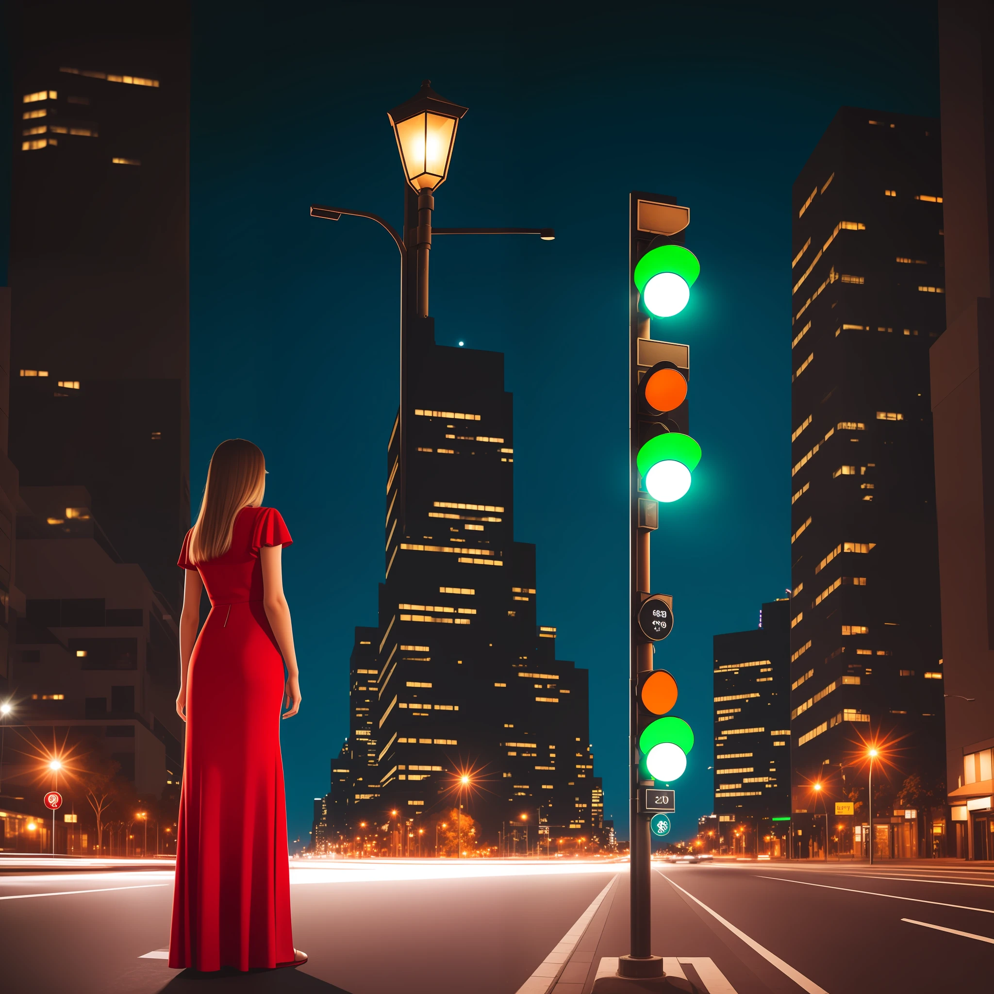 City background, night time, ultra realistic, traffic lights, standing 1 woman , red dress